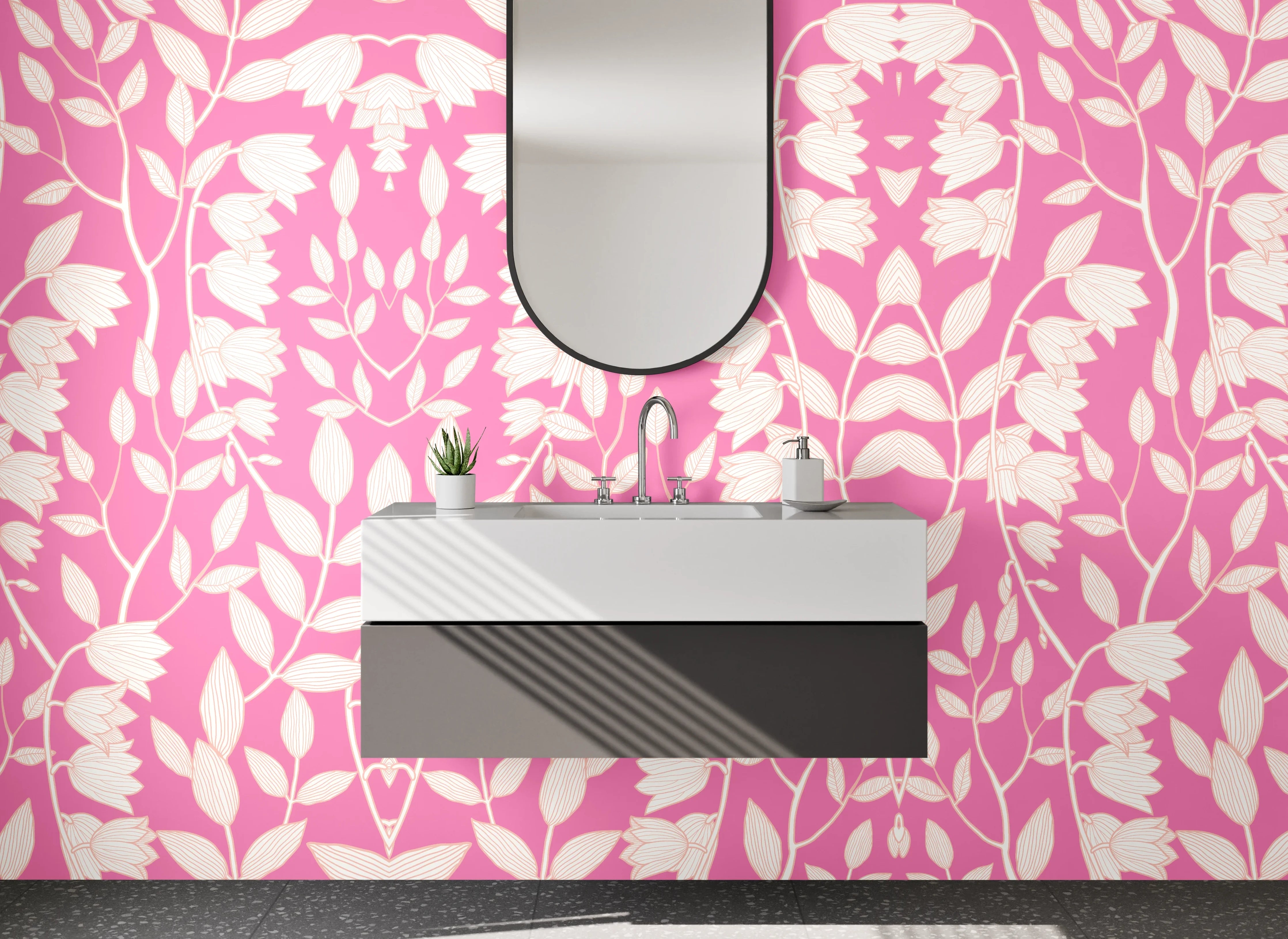 Waschbecken-Rückwand - Florales Ornament Rosa Weiß Muster