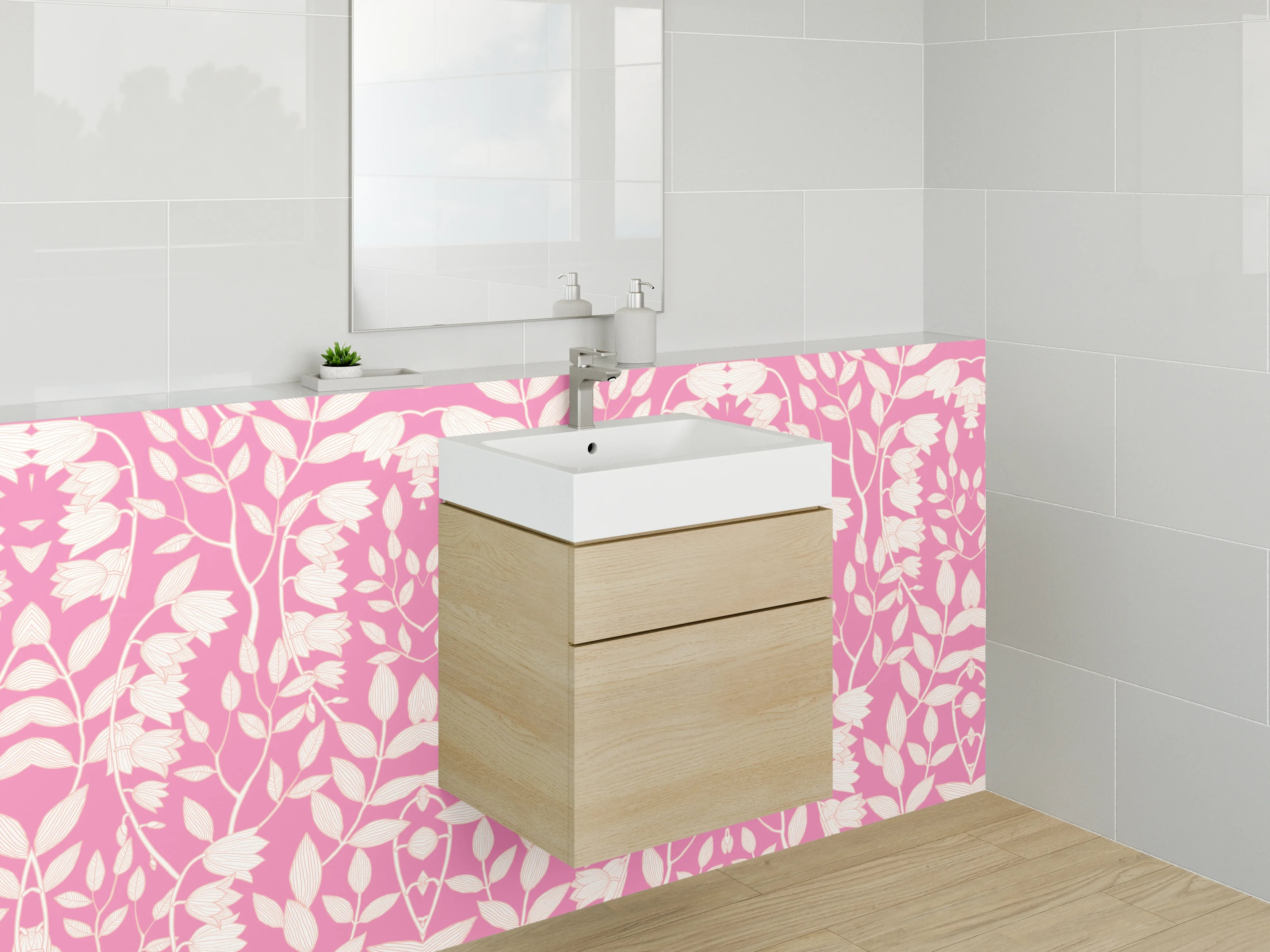 Waschbecken-Rückwand - Florales Ornament Rosa Weiß Muster