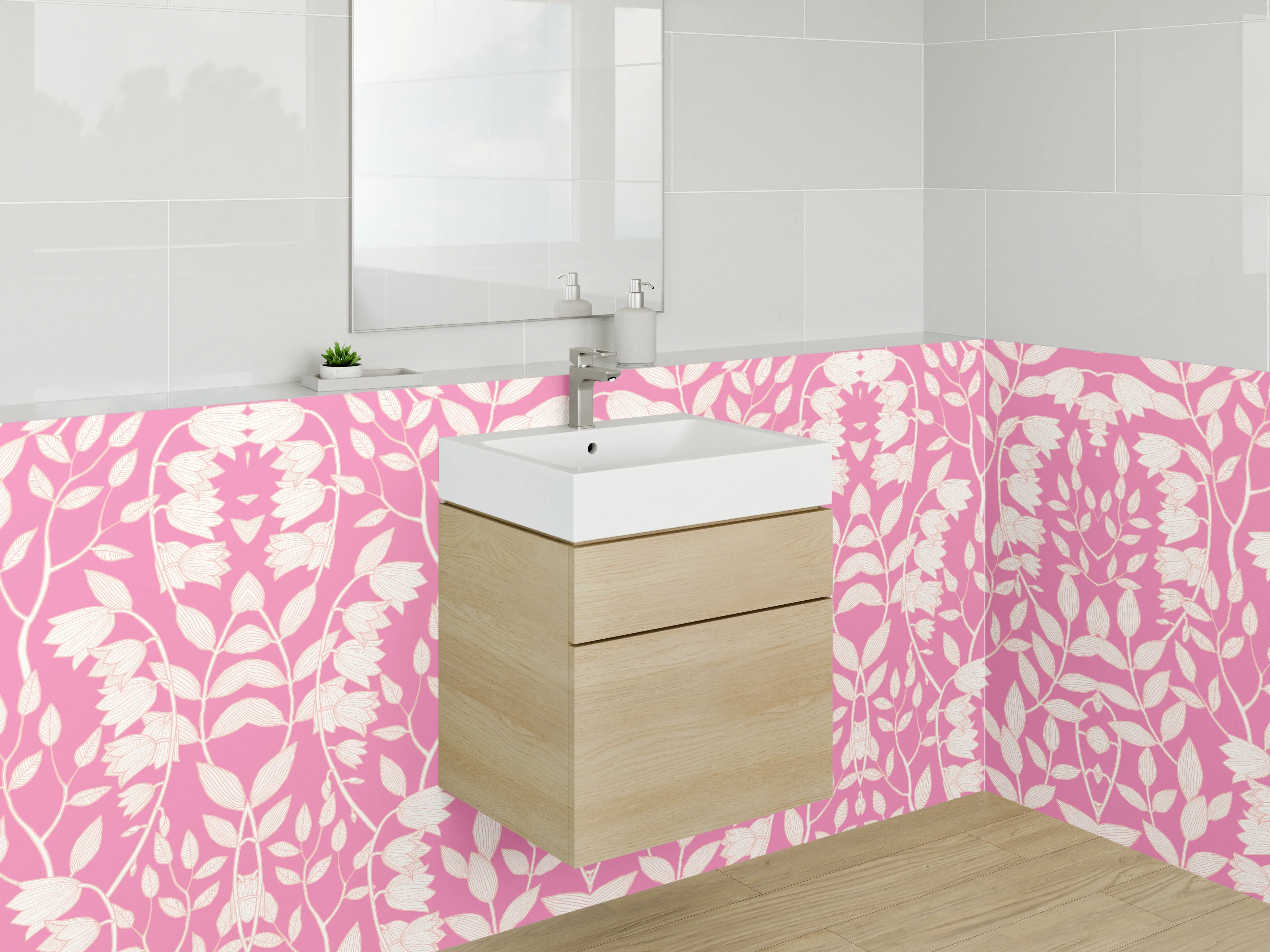 Waschbecken-Rückwand - Florales Ornament Rosa Weiß Muster