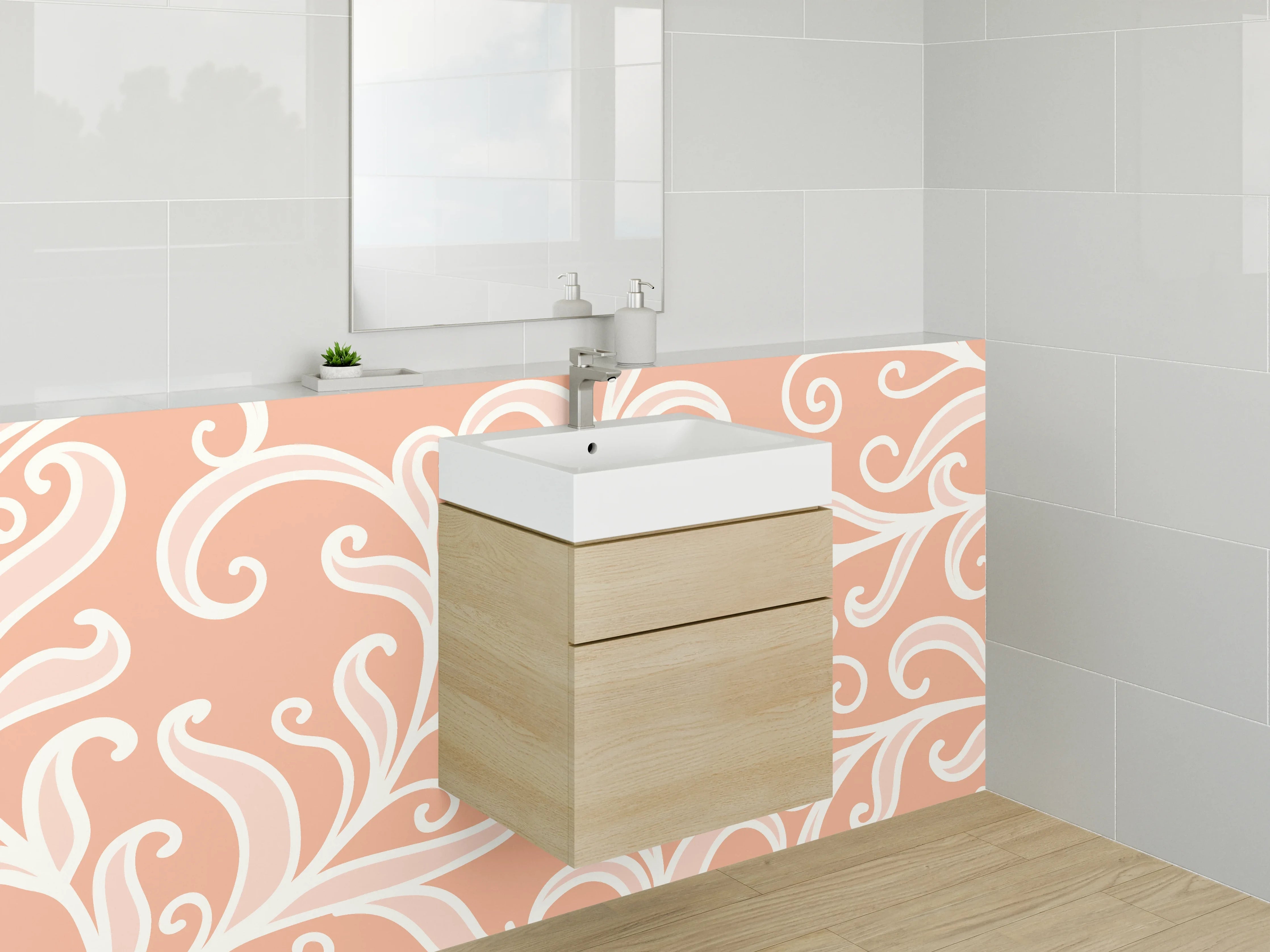 Waschbecken-Rückwand - Florales Ornamentmuster Weiß auf Apricot