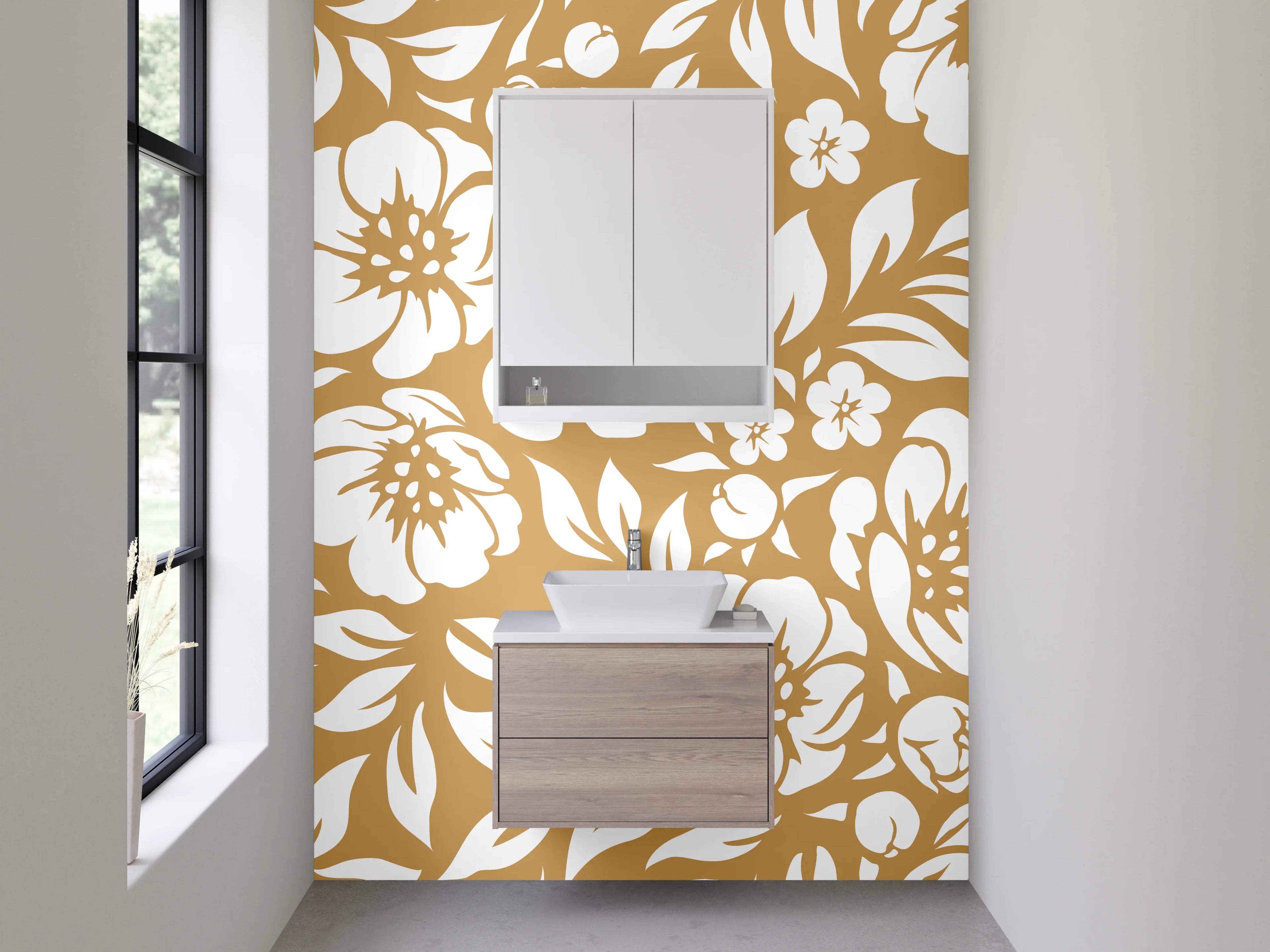 Waschbecken-Rückwand - Florales Retro-Muster Braun Weiß