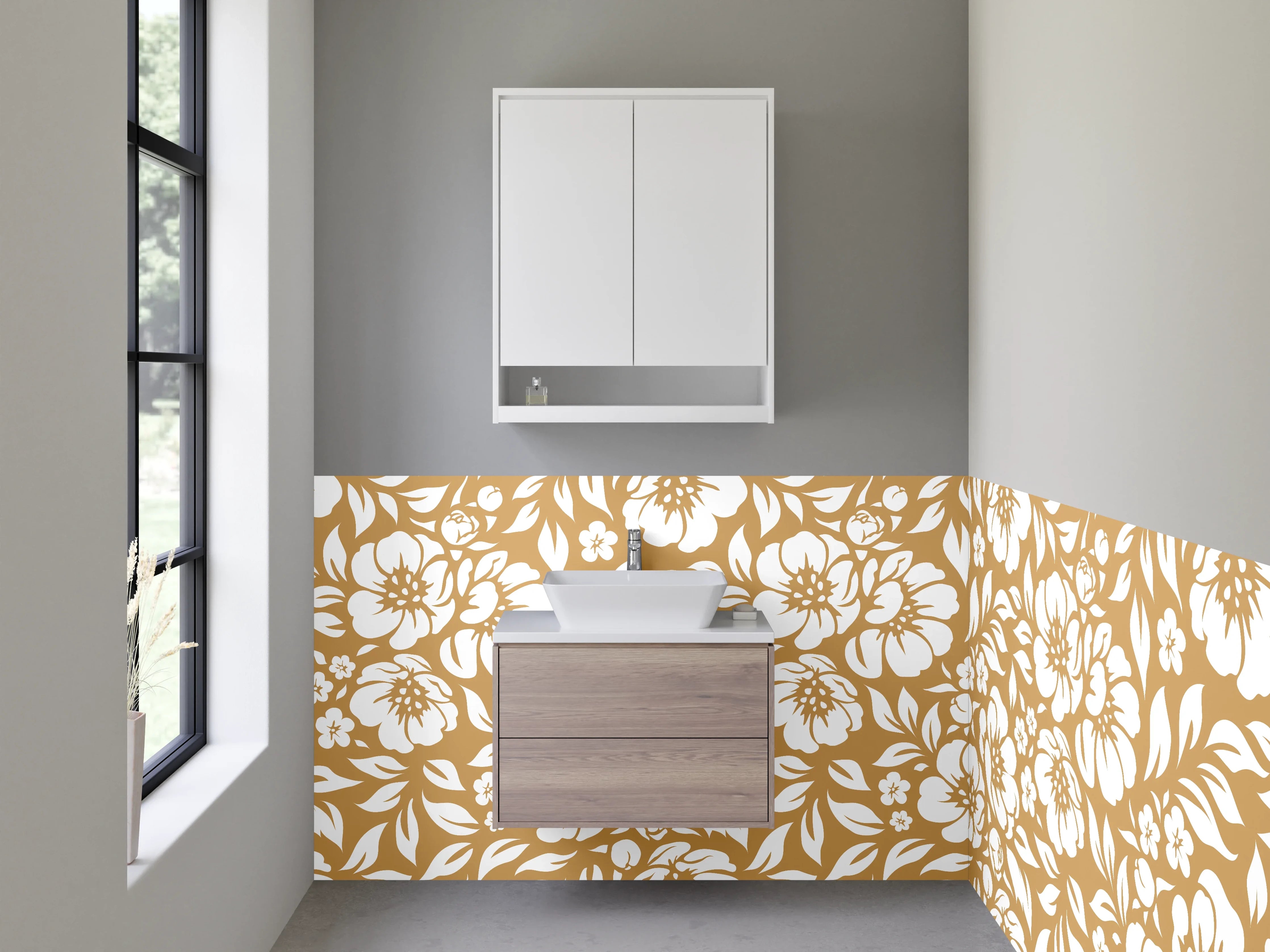 Waschbecken-Rückwand - Florales Retro-Muster Braun Weiß