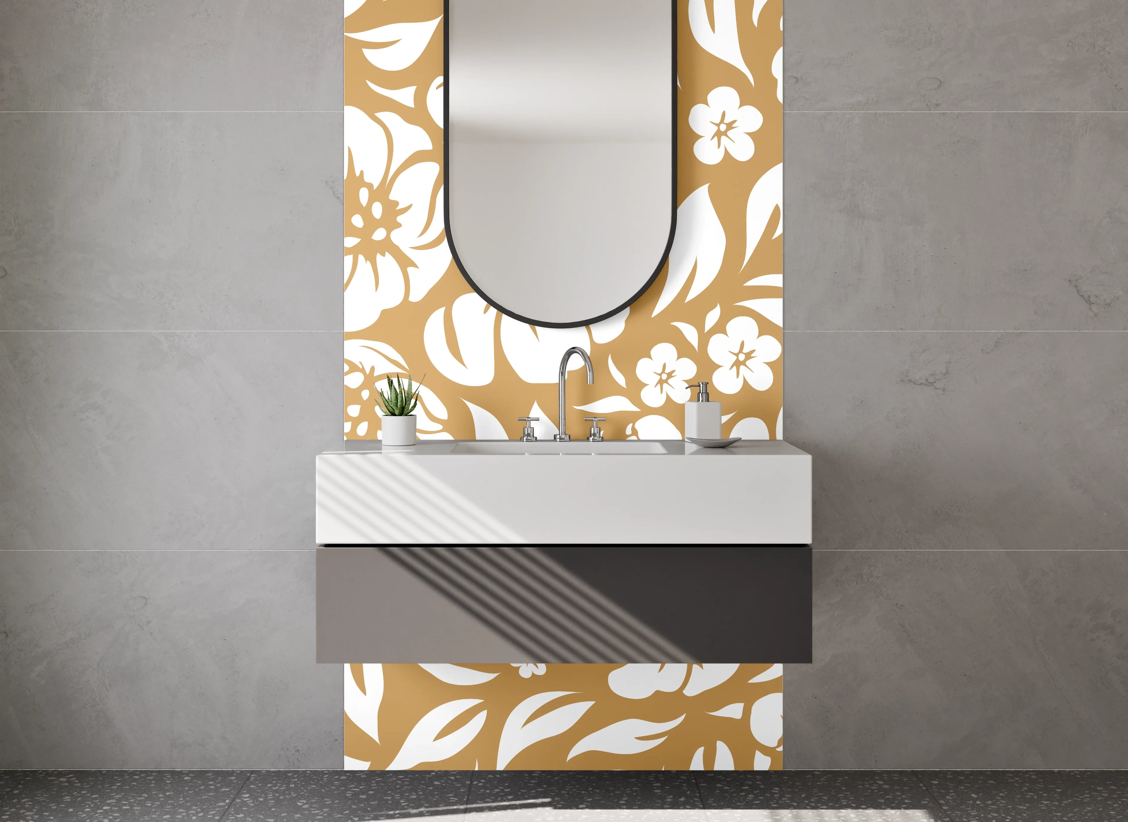 Waschbecken-Rückwand - Florales Retro-Muster Braun Weiß