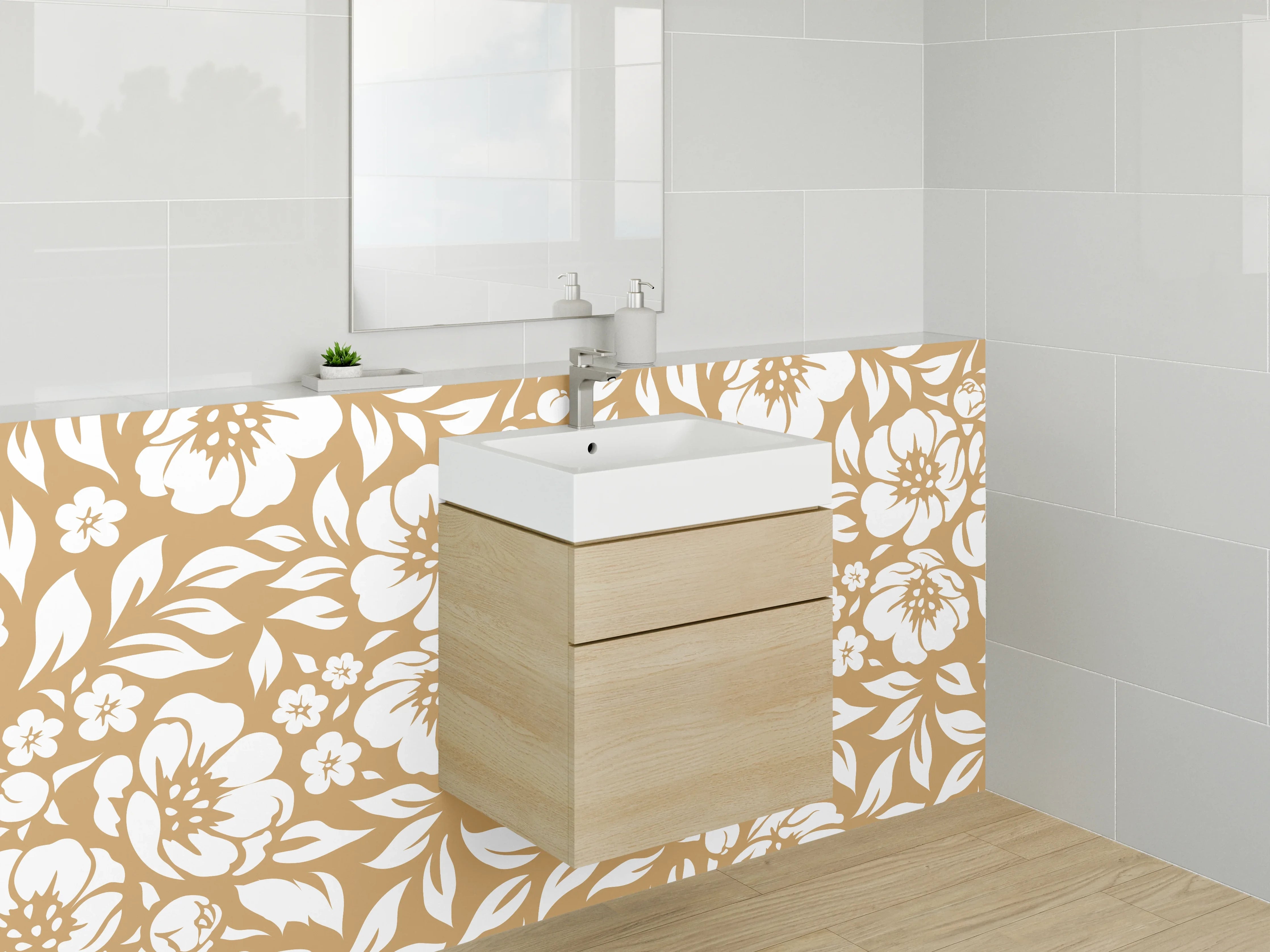 Waschbecken-Rückwand - Florales Retro-Muster Braun Weiß