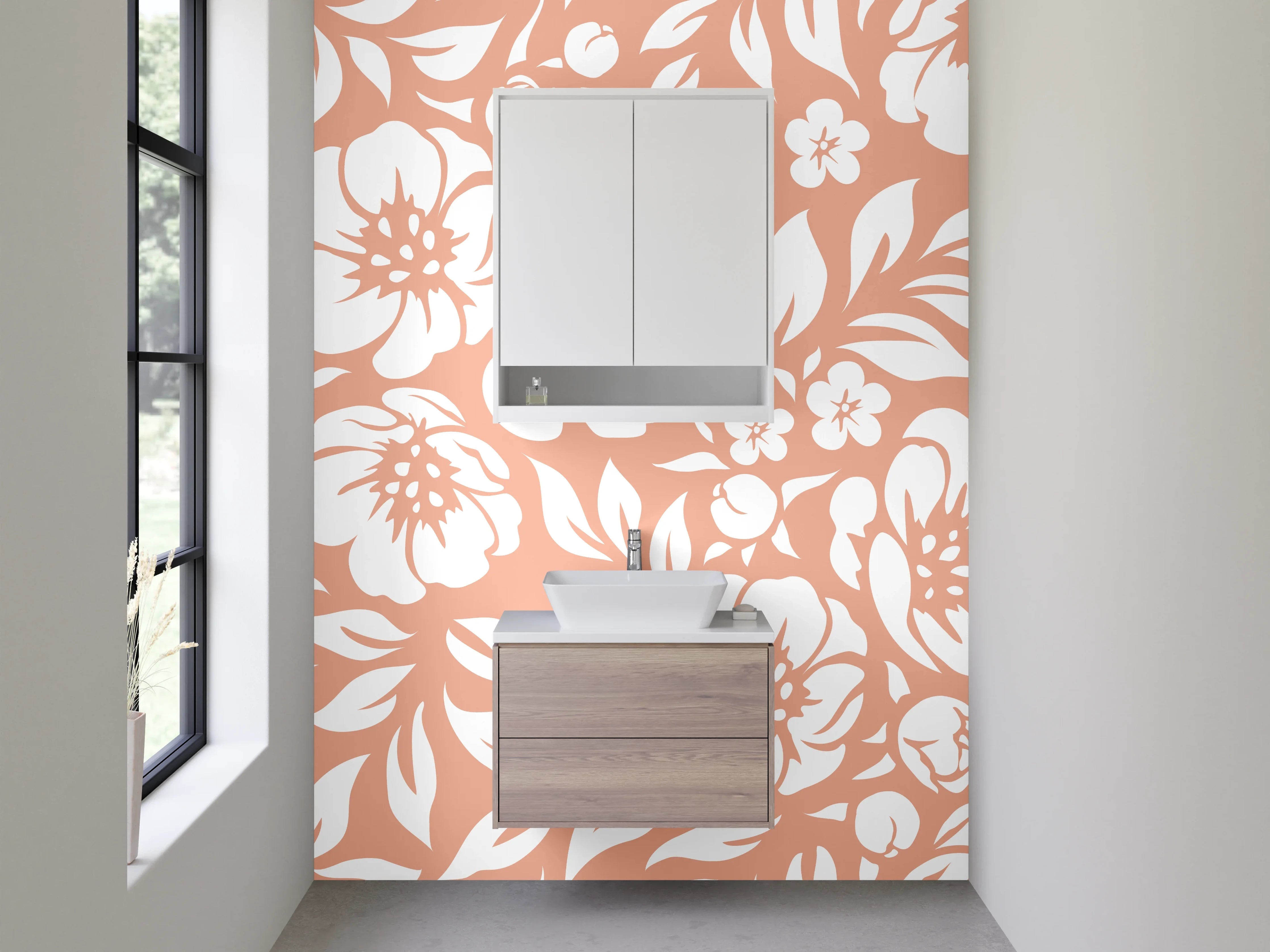 Waschbecken-Rückwand - Florales Retro Muster Orange Weiß