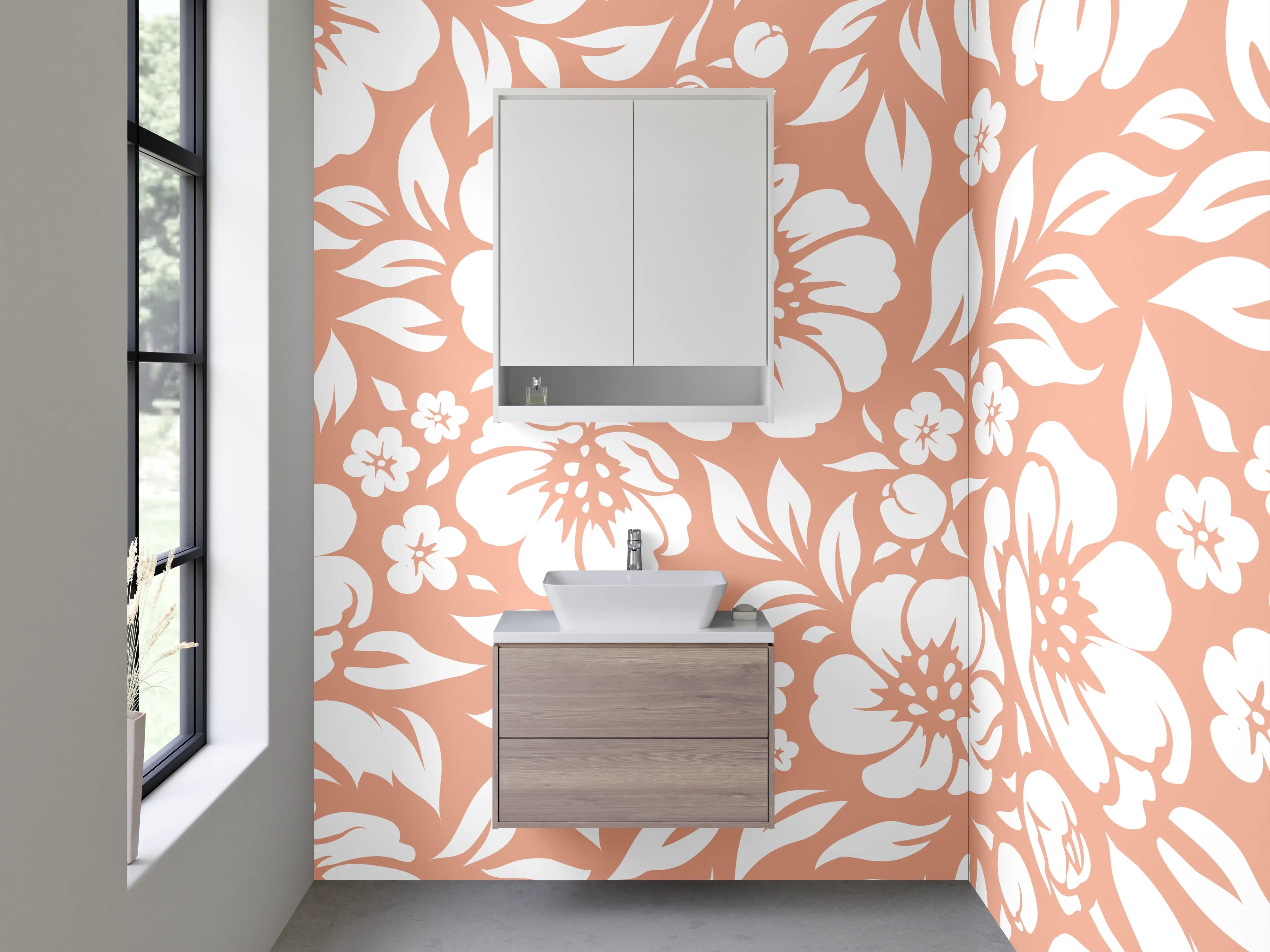 Waschbecken-Rückwand - Florales Retro Muster Orange Weiß