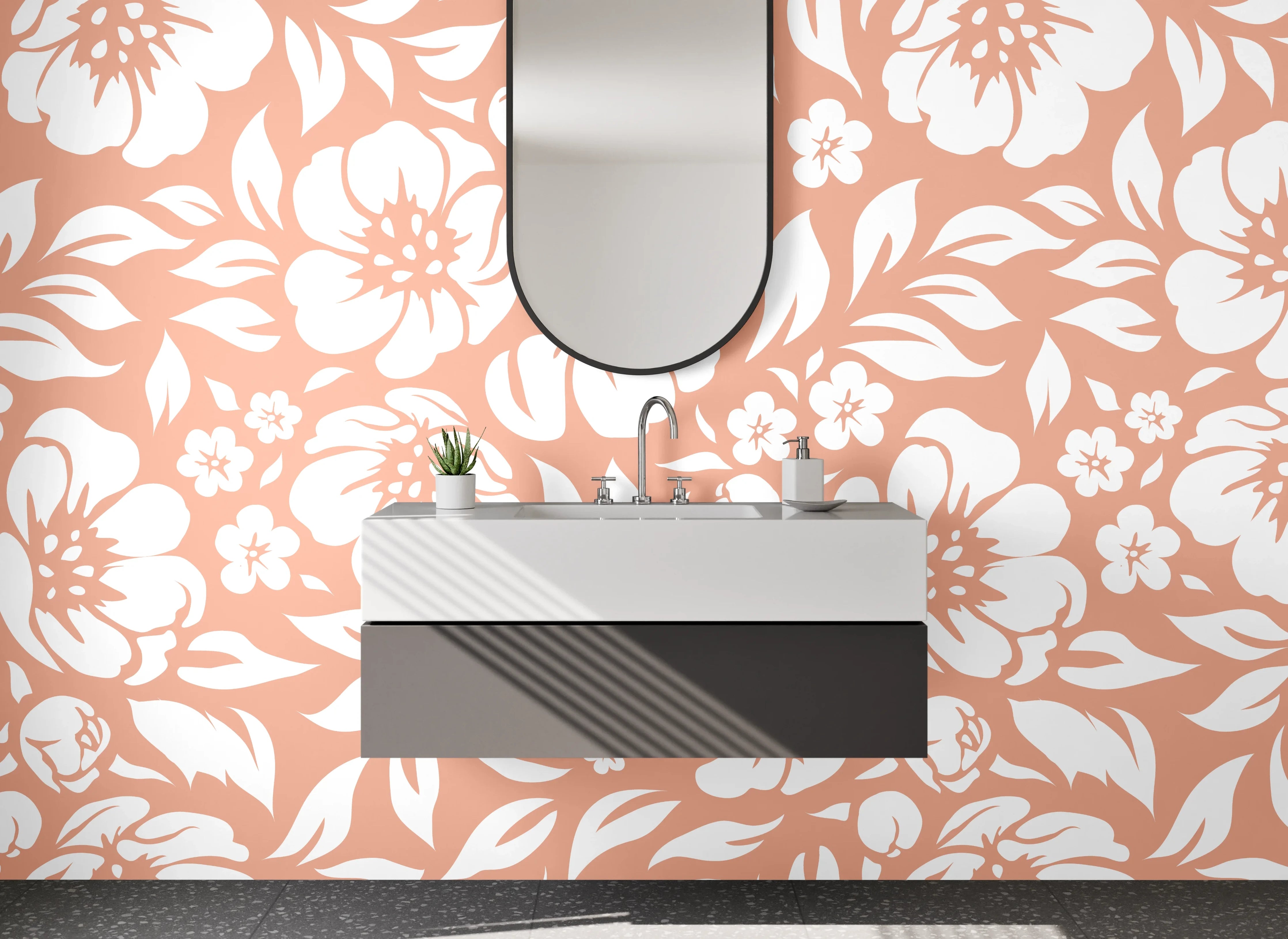 Waschbecken-Rückwand - Florales Retro Muster Orange Weiß