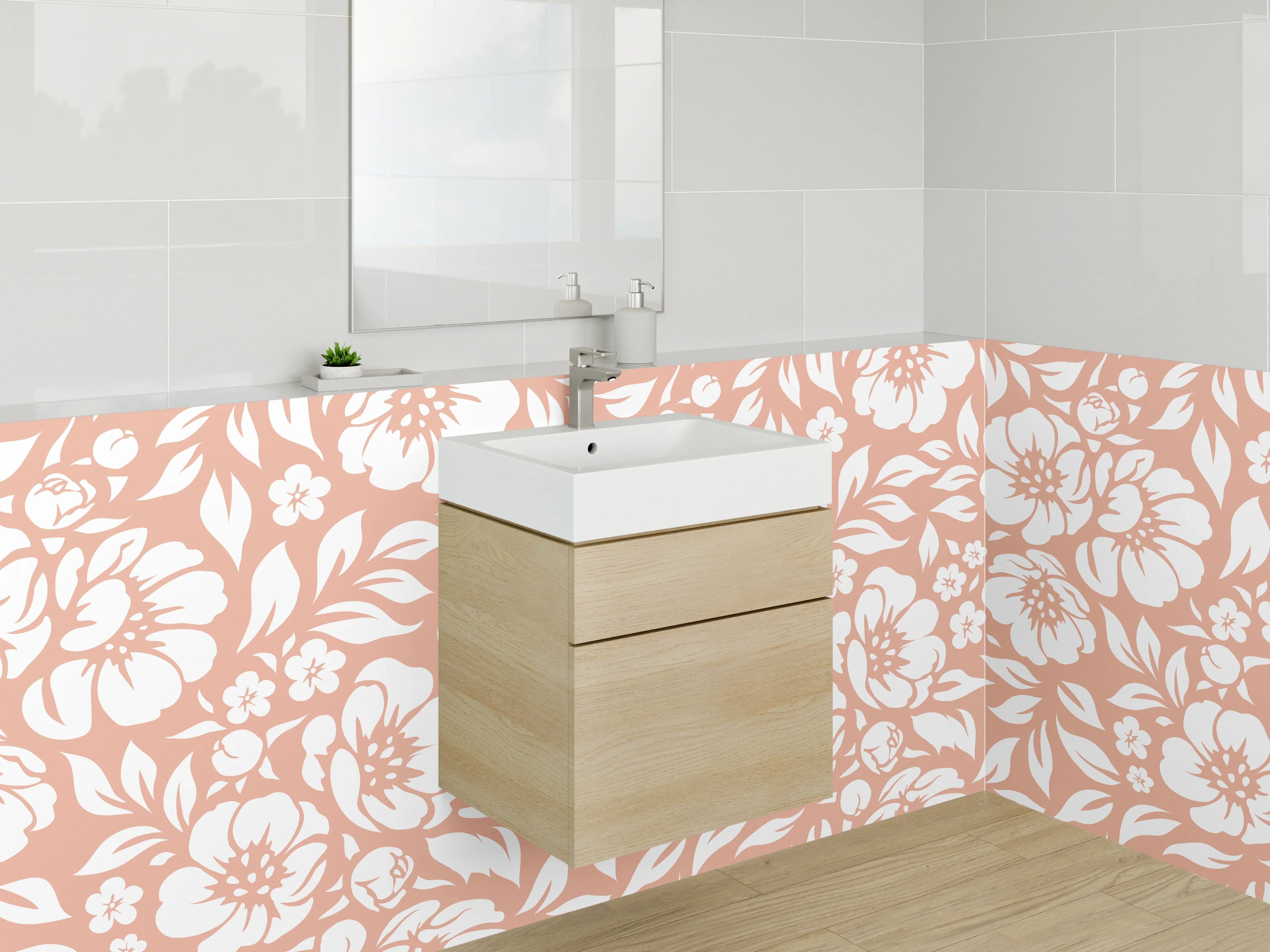 Waschbecken-Rückwand - Florales Retro Muster Orange Weiß