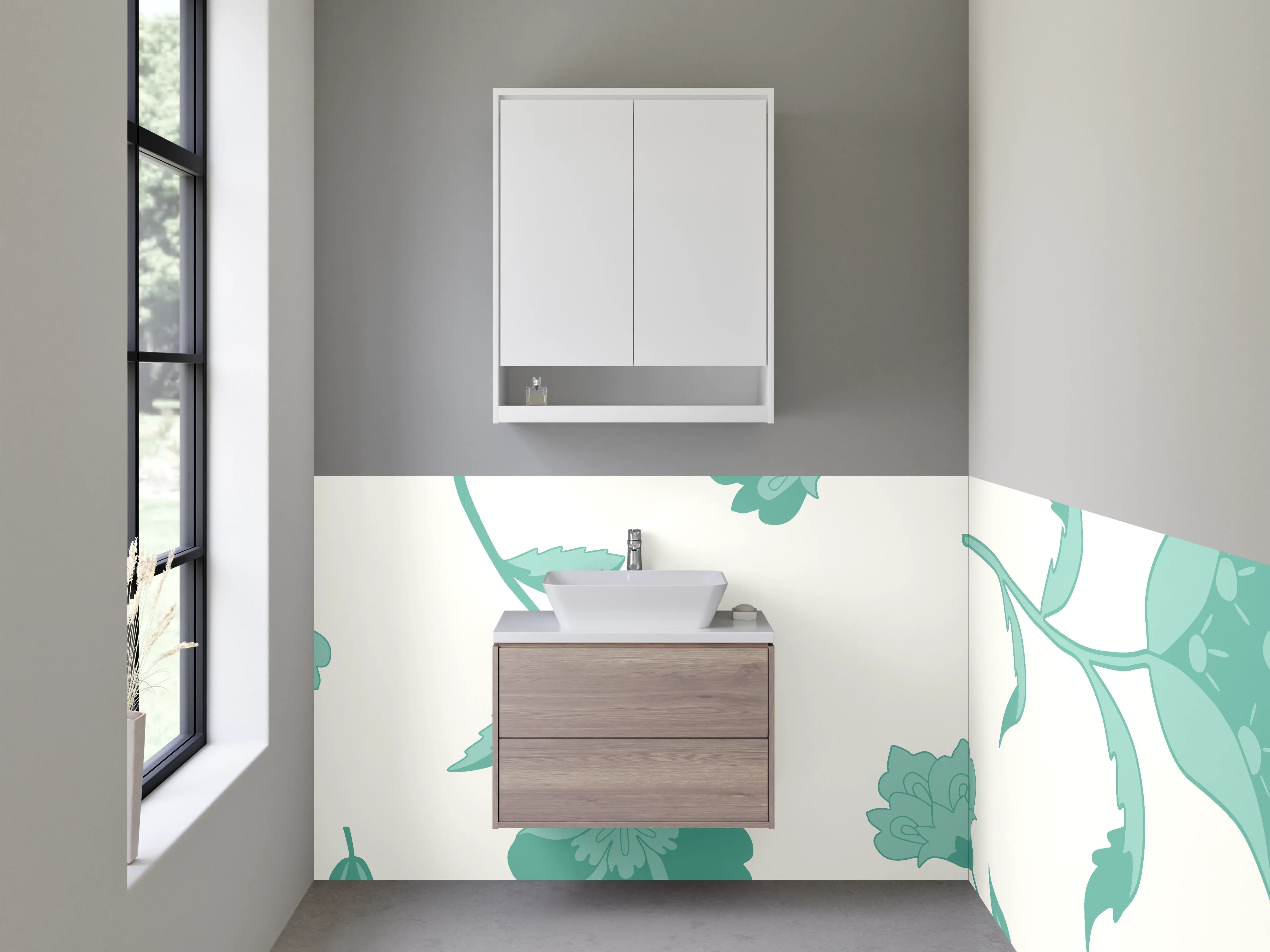 Waschbecken-Rückwand - Florales Retro Muster Türkis Weiß