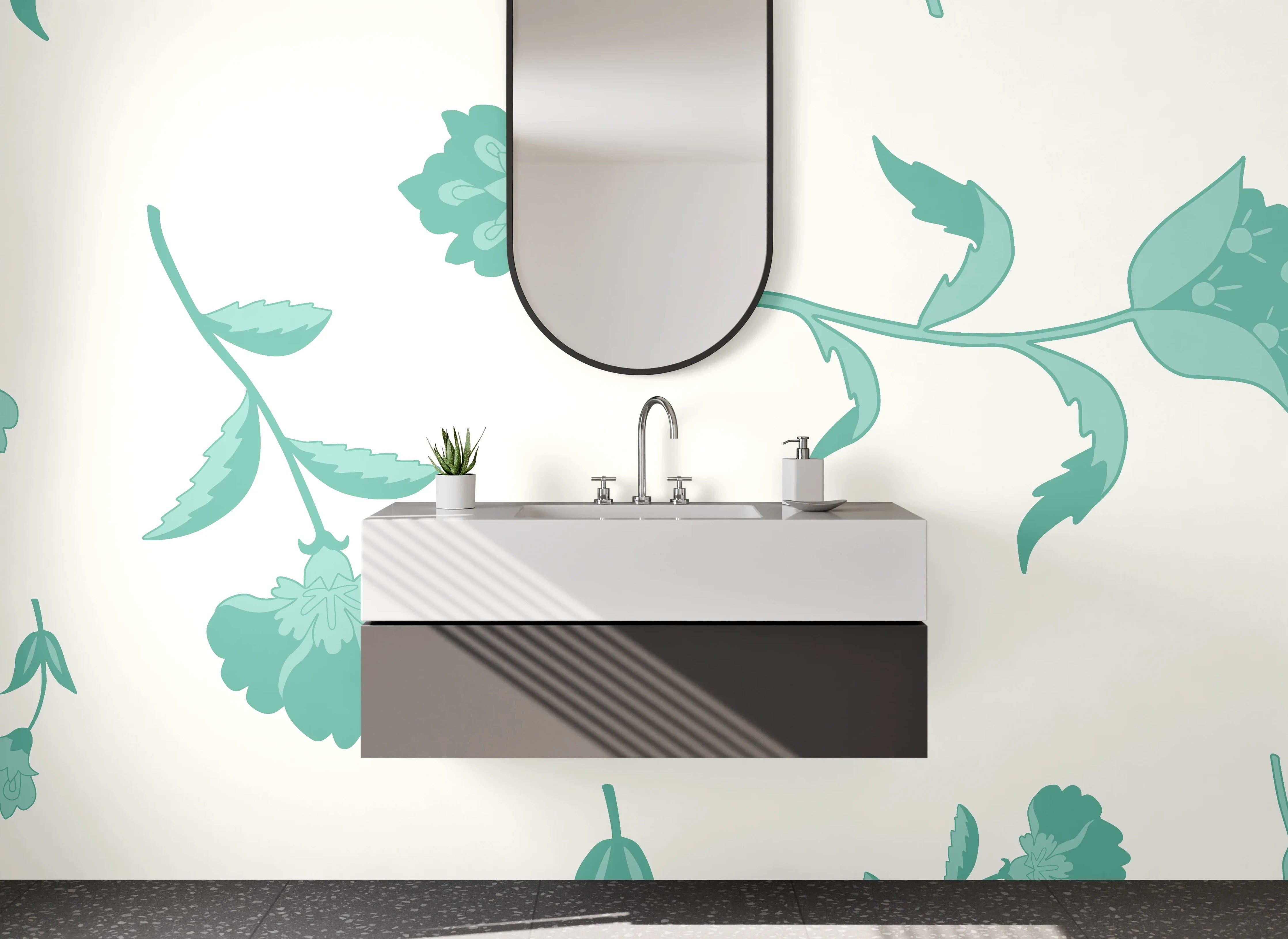 Waschbecken-Rückwand - Florales Retro Muster Türkis Weiß