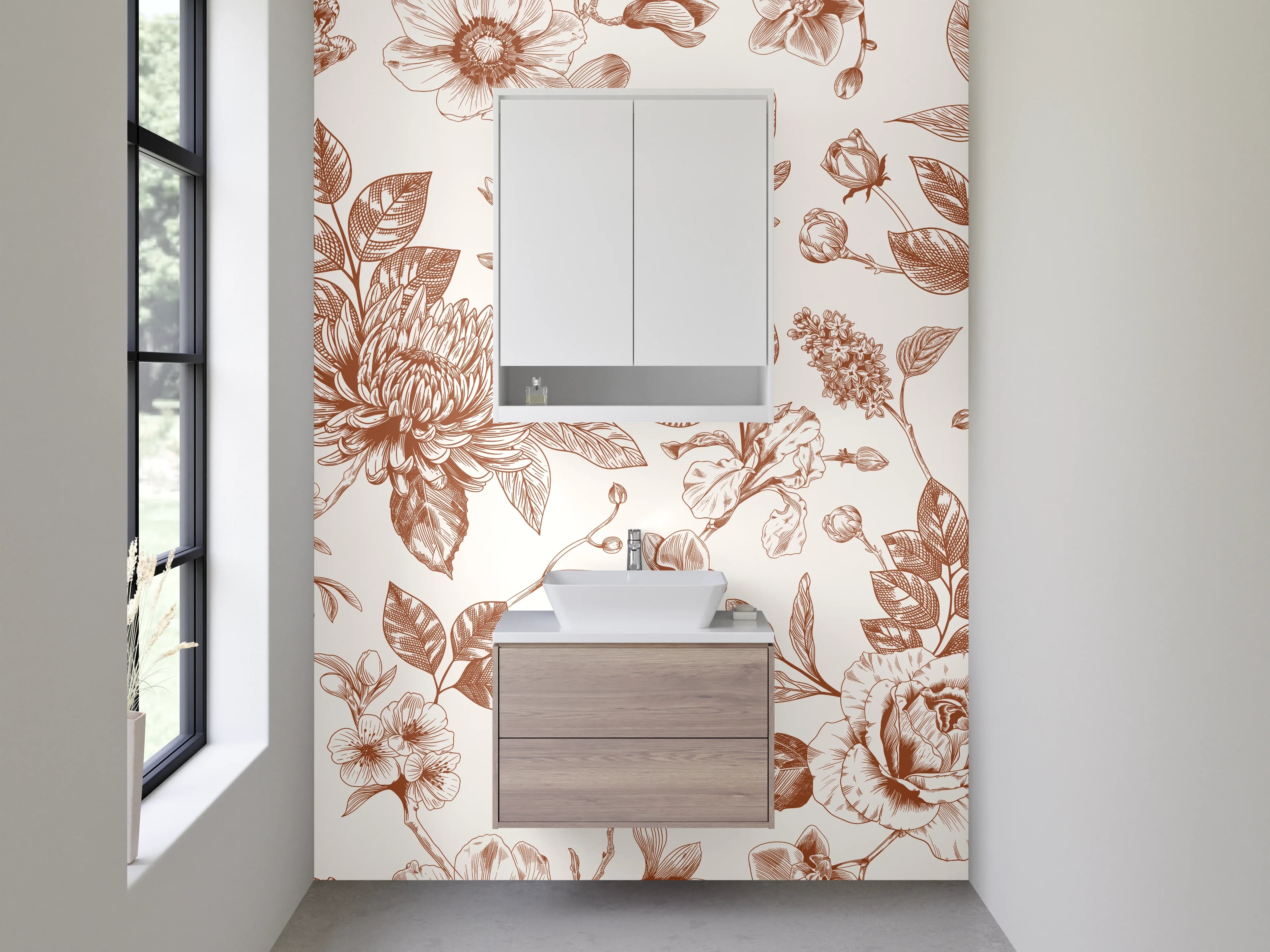 Waschbecken-Rückwand - Florales Vintage Blumenmuster Beige Braun