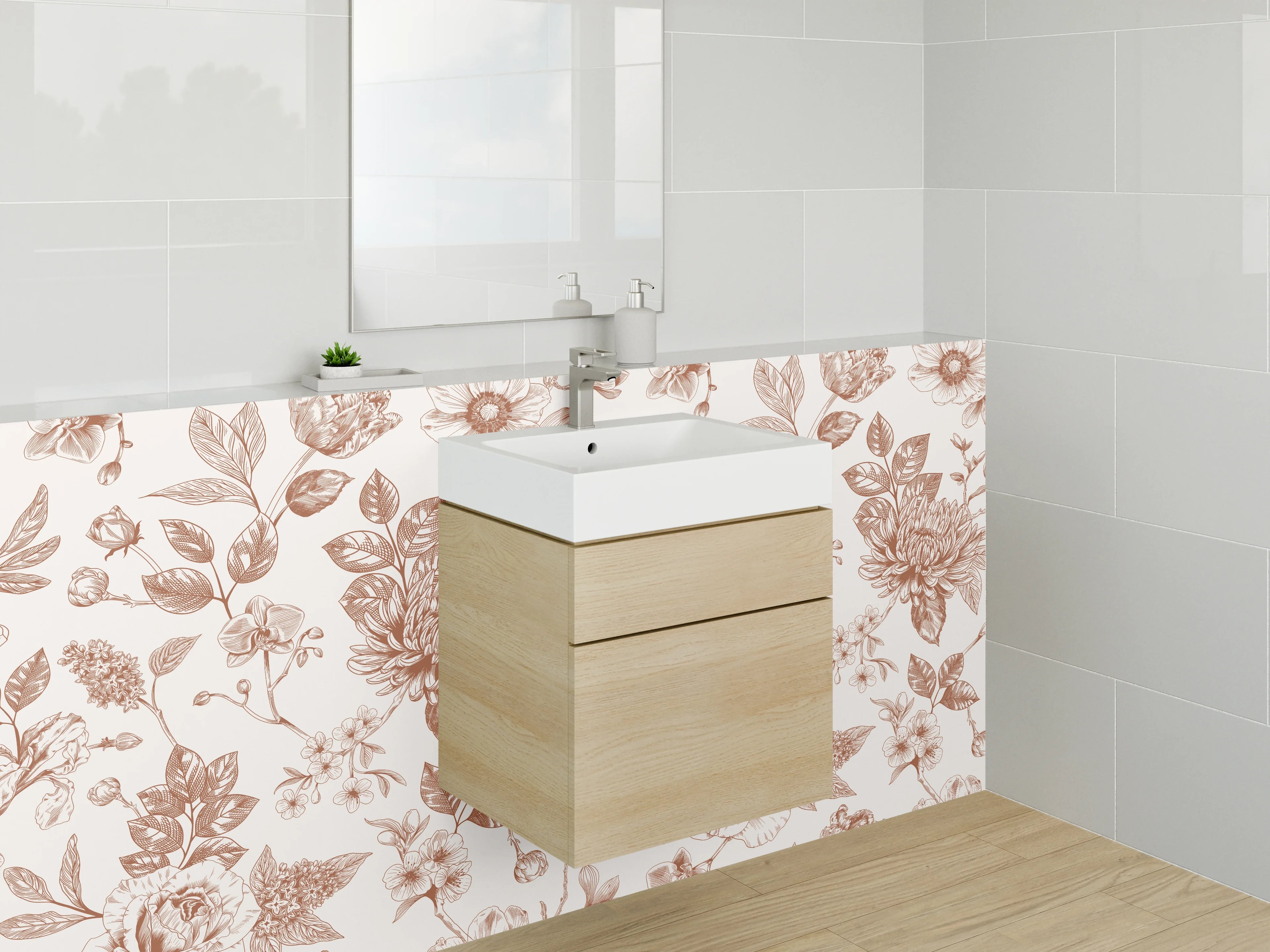 Waschbecken-Rückwand - Florales Vintage Blumenmuster Beige Braun
