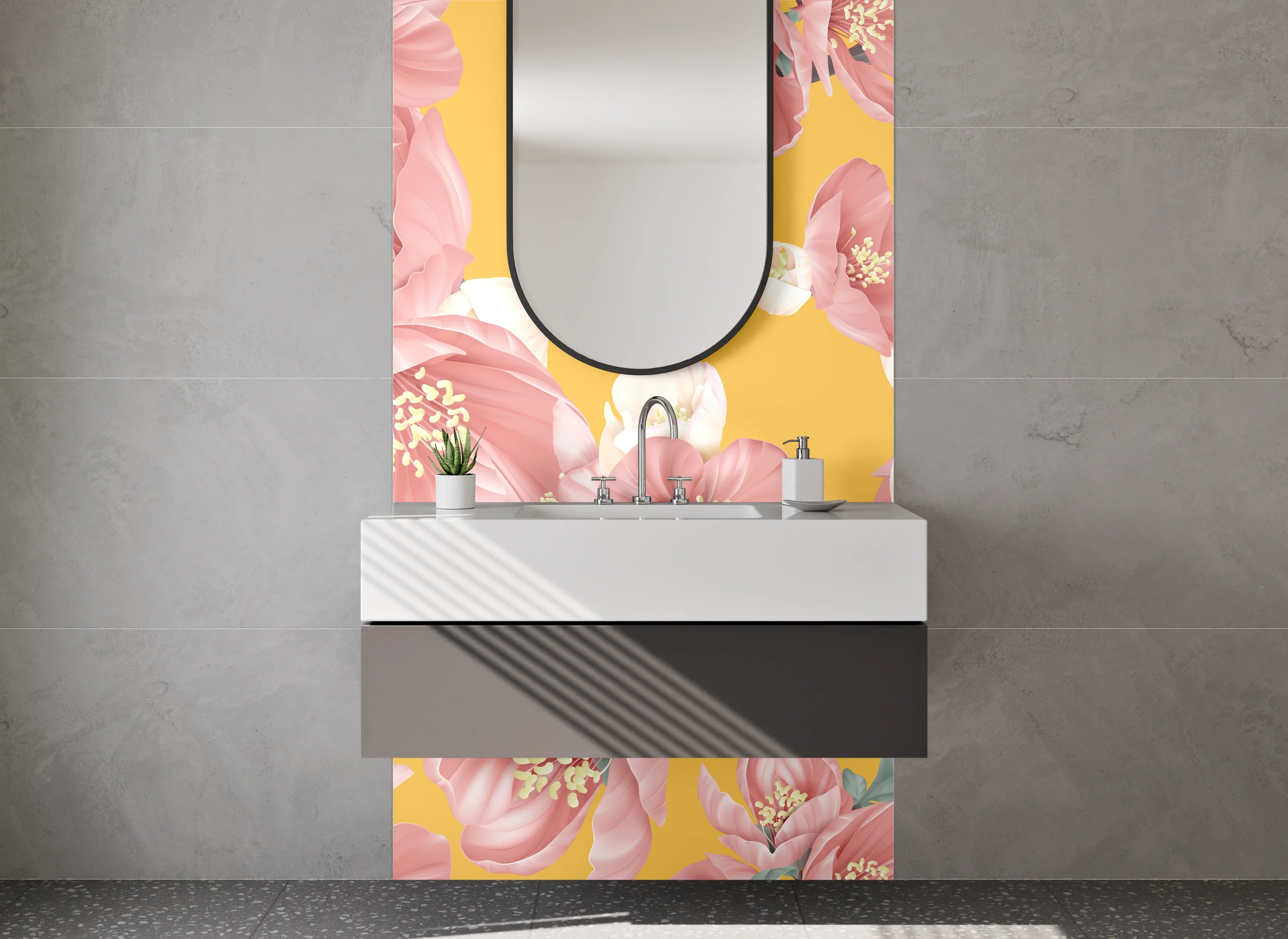 Waschbecken-Rückwand - Florales Vintage Blumenmuster Gelb Rosa