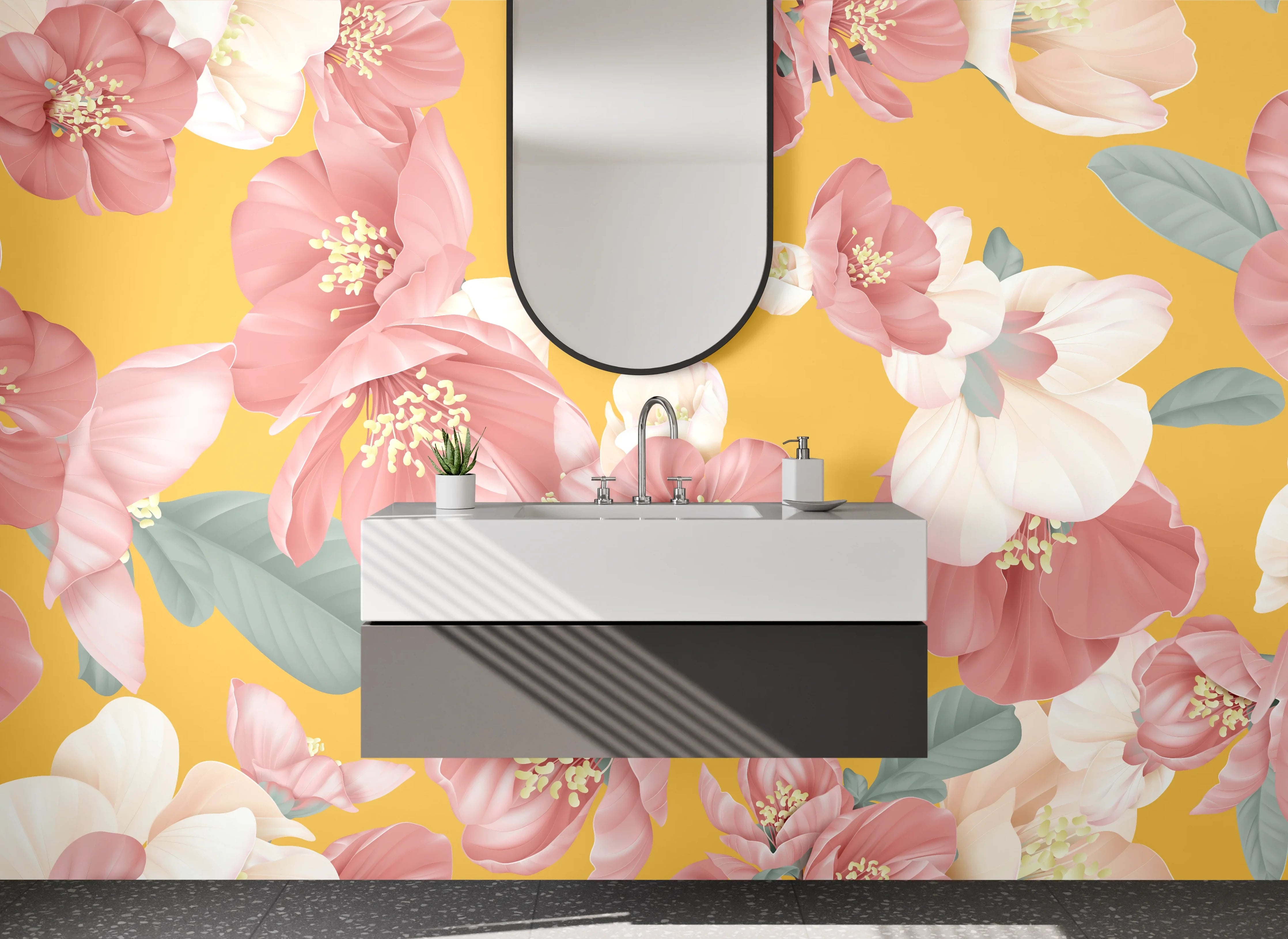 Waschbecken-Rückwand - Florales Vintage Blumenmuster Gelb Rosa