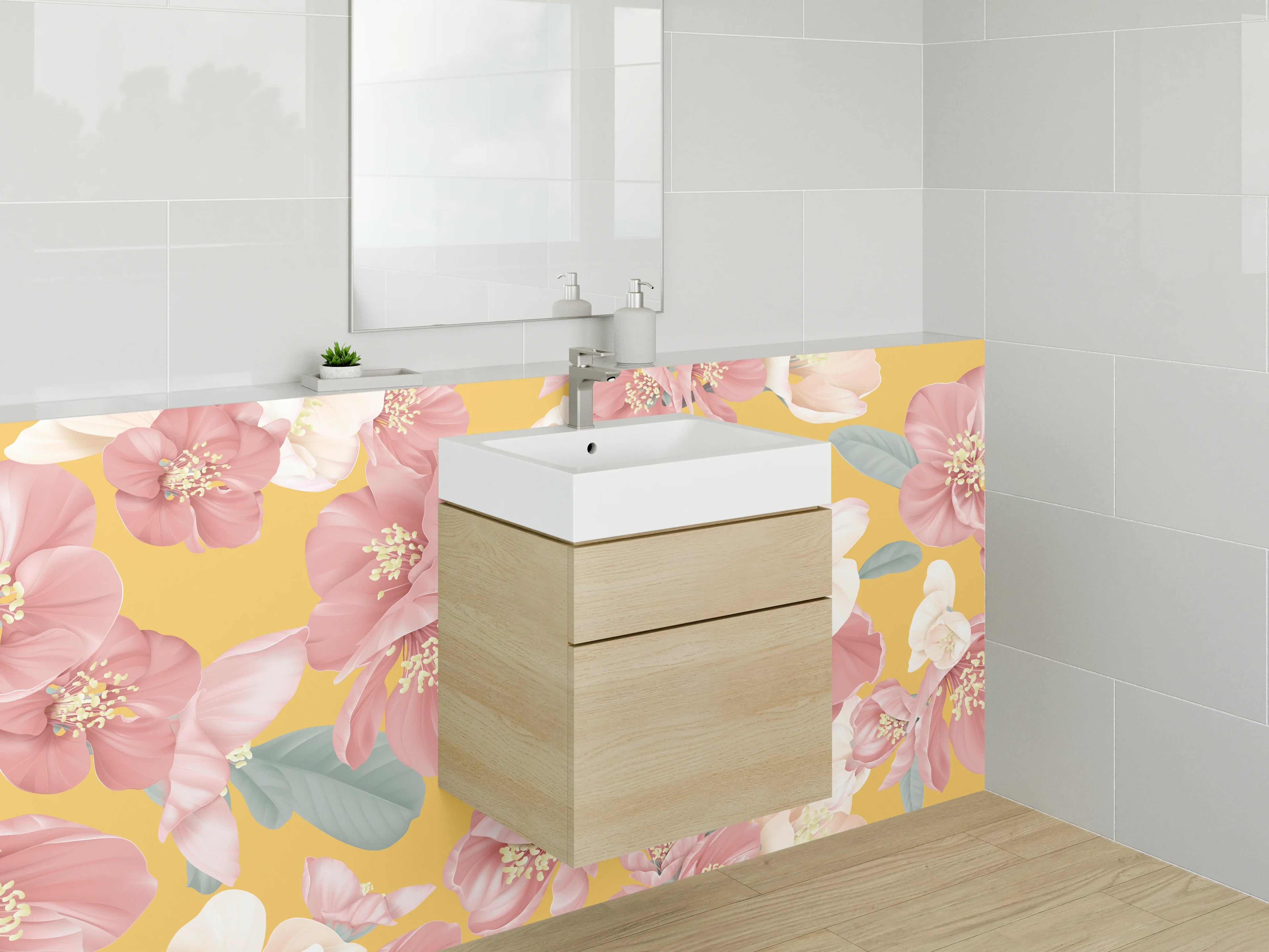 Waschbecken-Rückwand - Florales Vintage Blumenmuster Gelb Rosa