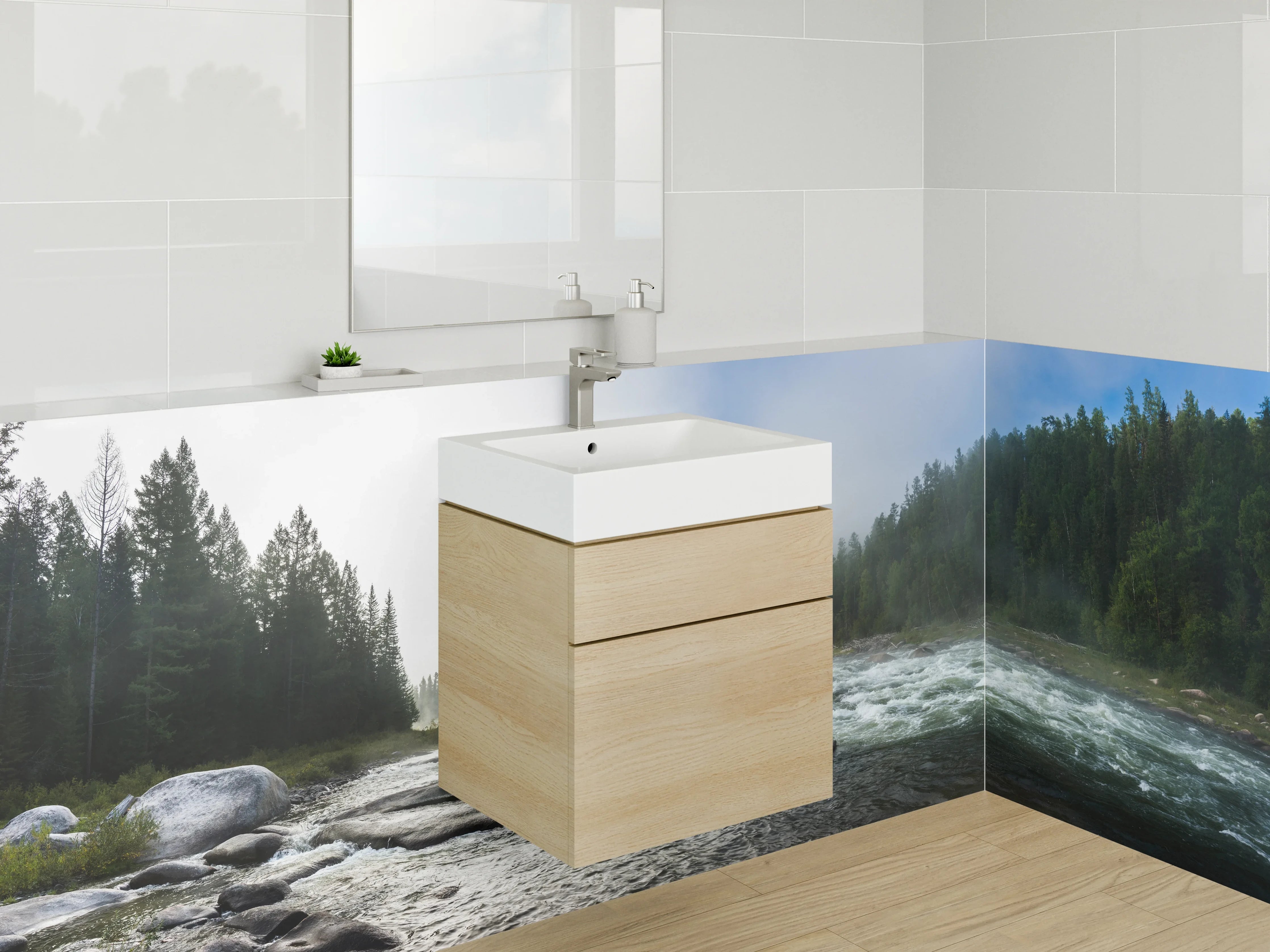 Waschbecken-Rückwand - Flusslandschaft mit Wald und Nebel