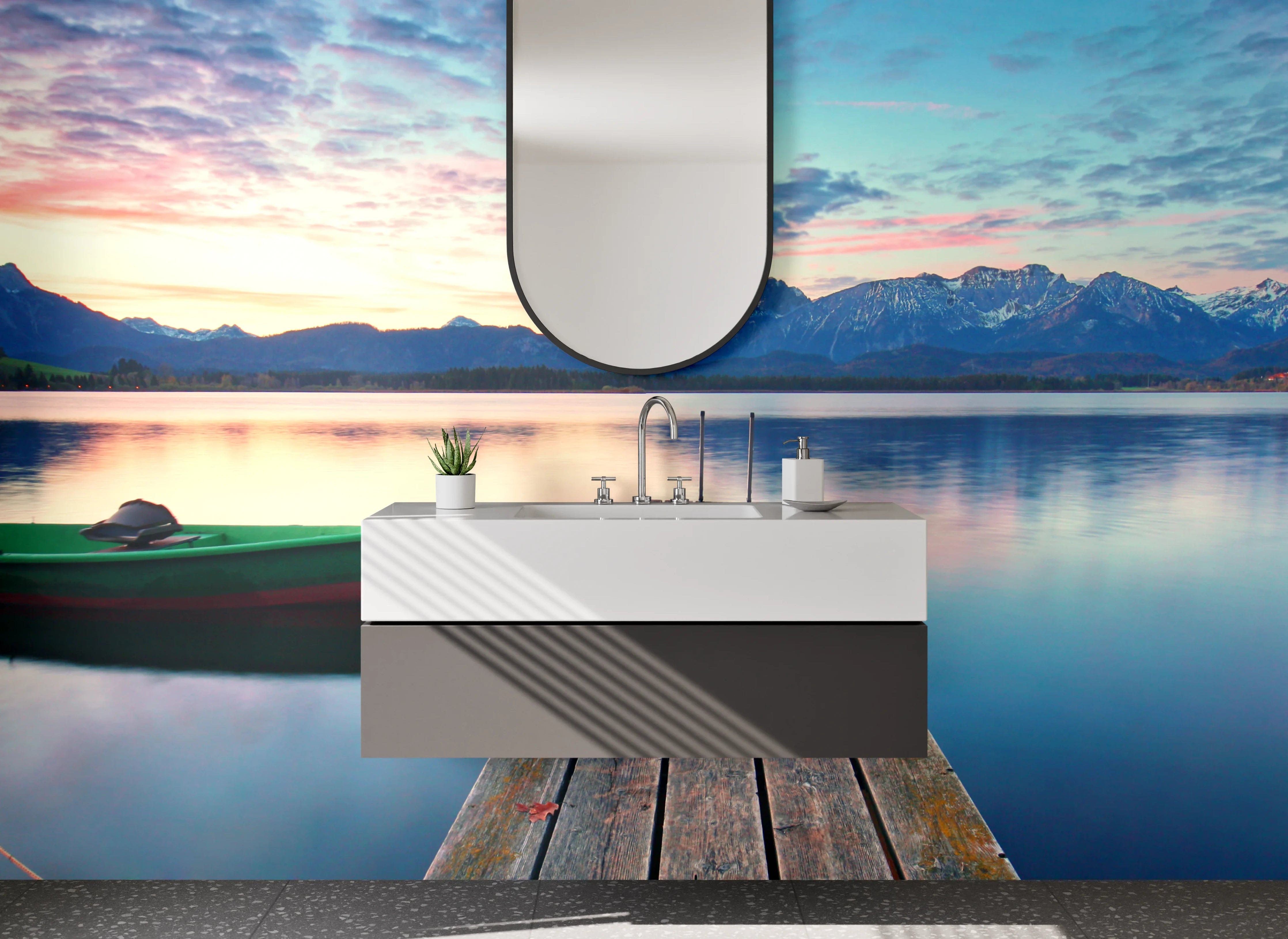 Waschbecken-Rückwand - Friedlicher See bei Sonnenuntergang
