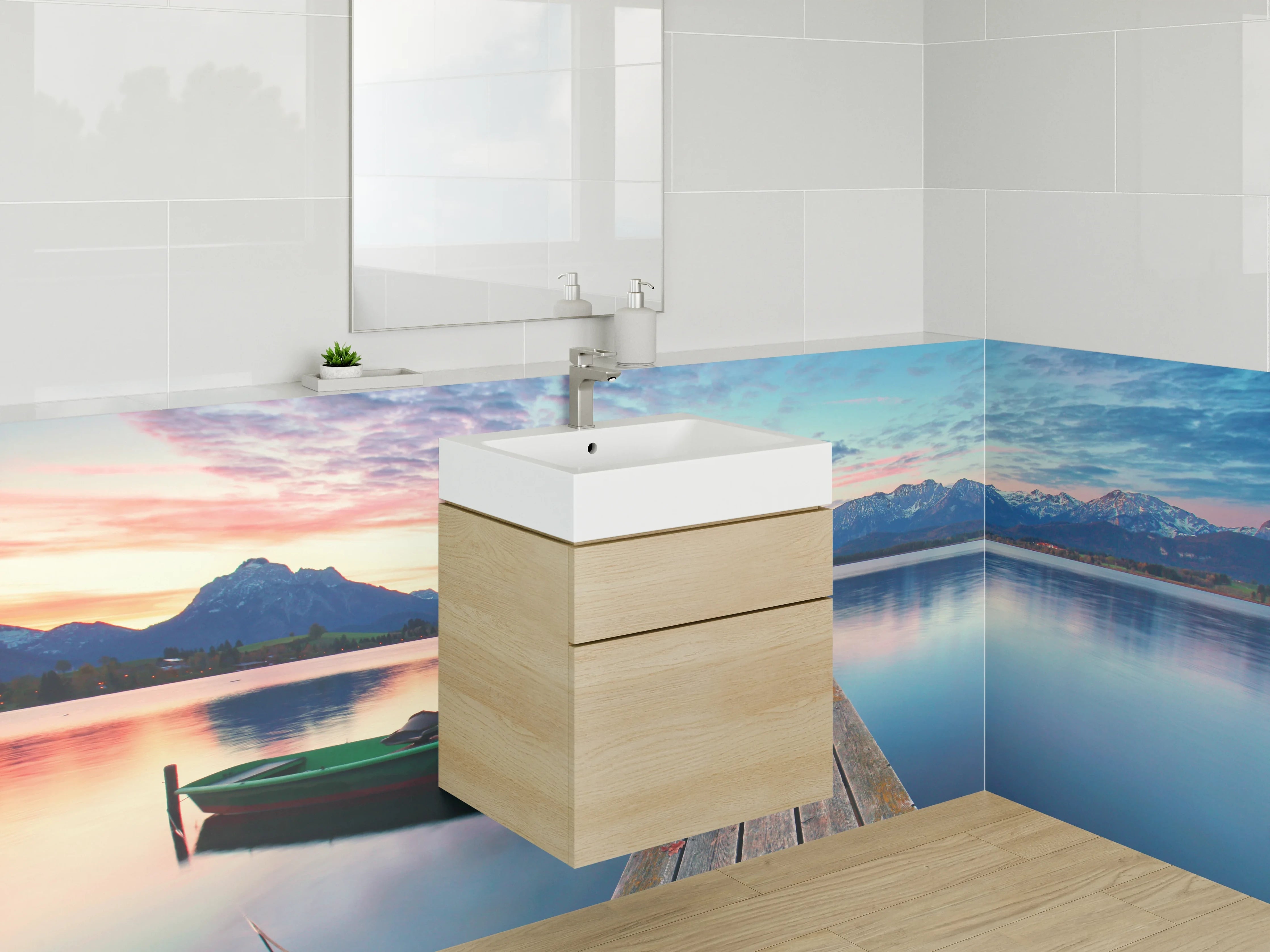 Waschbecken-Rückwand - Friedlicher See bei Sonnenuntergang