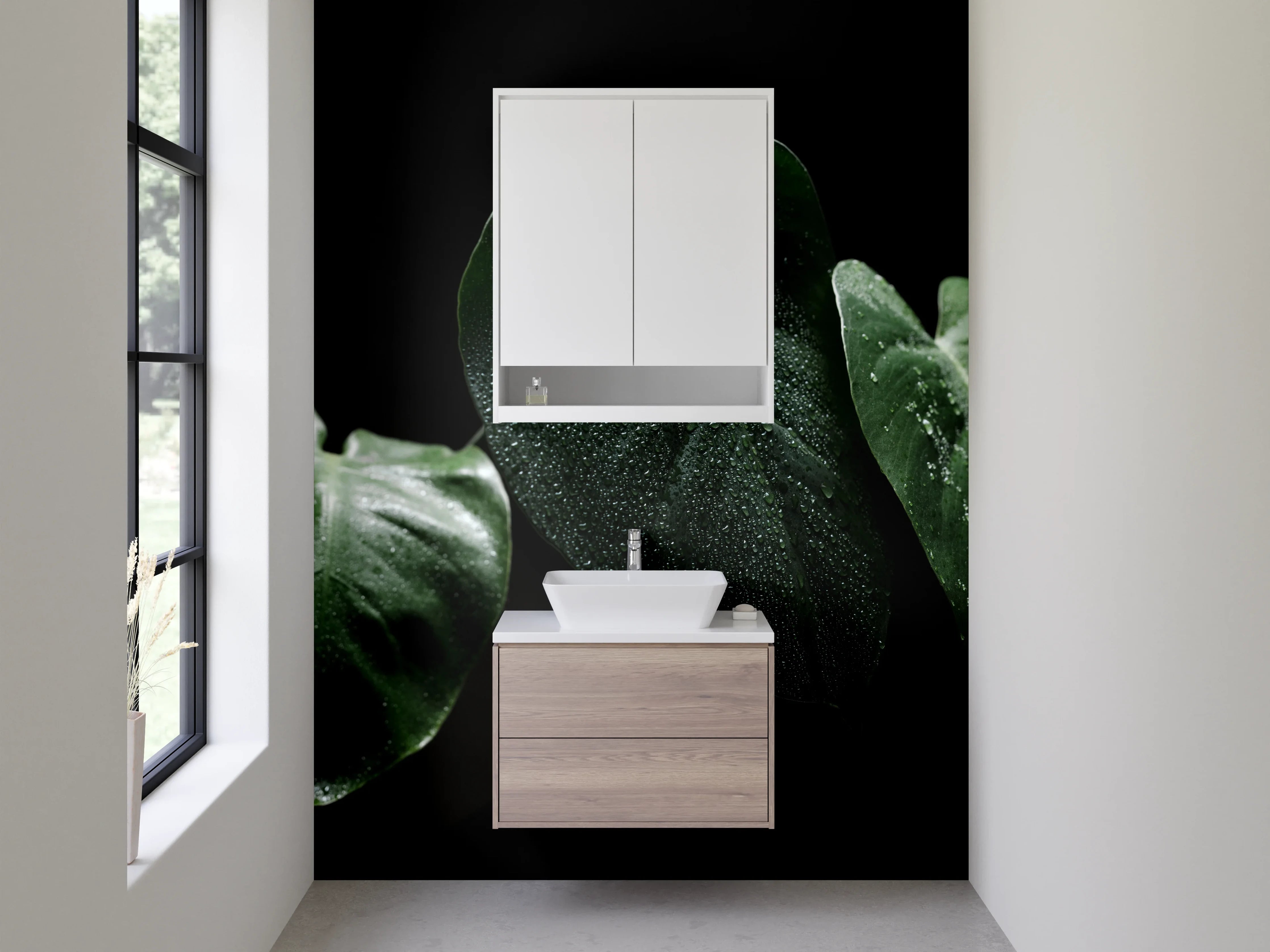 Waschbecken-Rückwand - Frische grüne Blätter mit Tautropfen