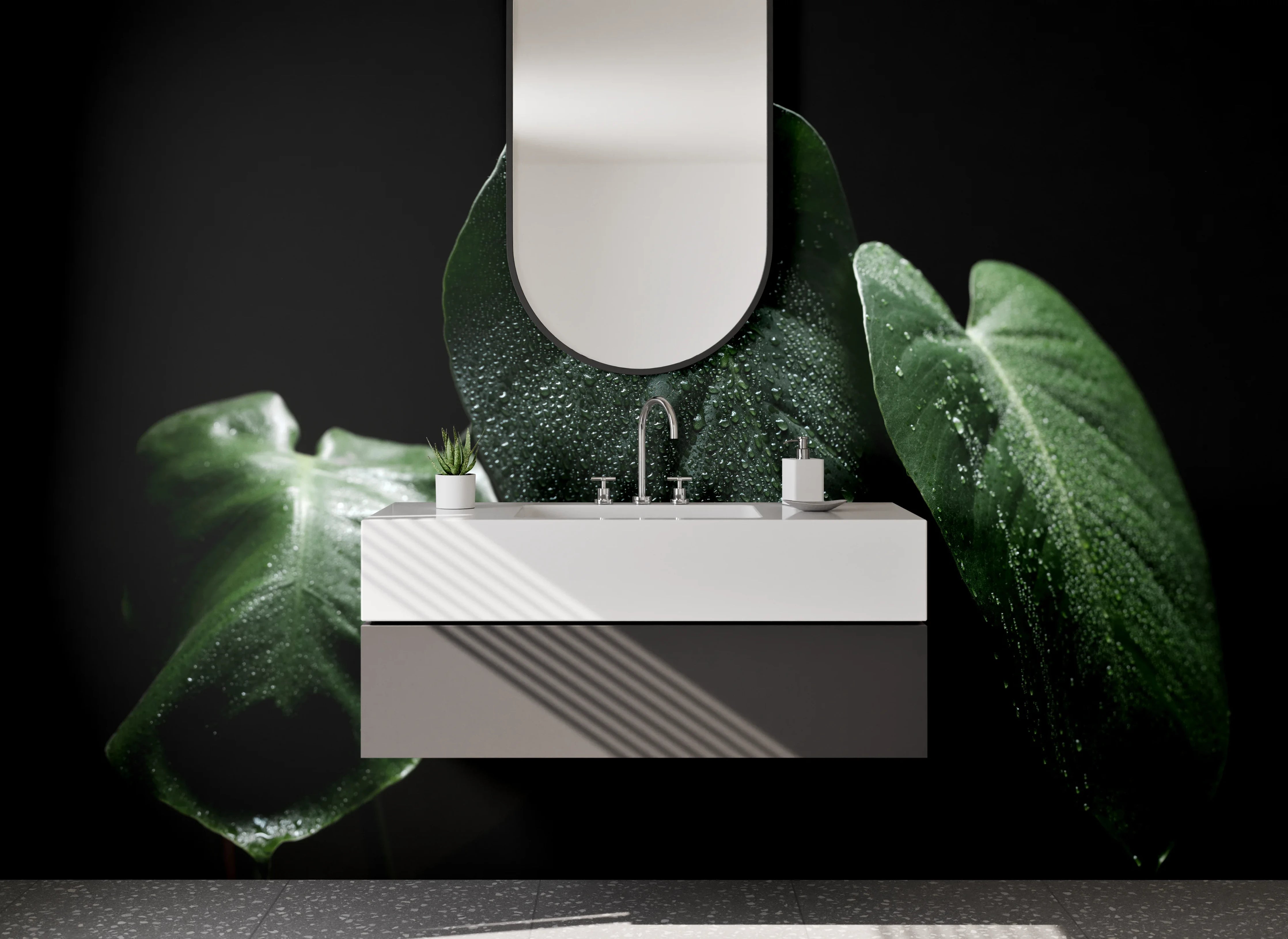 Waschbecken-Rückwand - Frische grüne Blätter mit Tautropfen