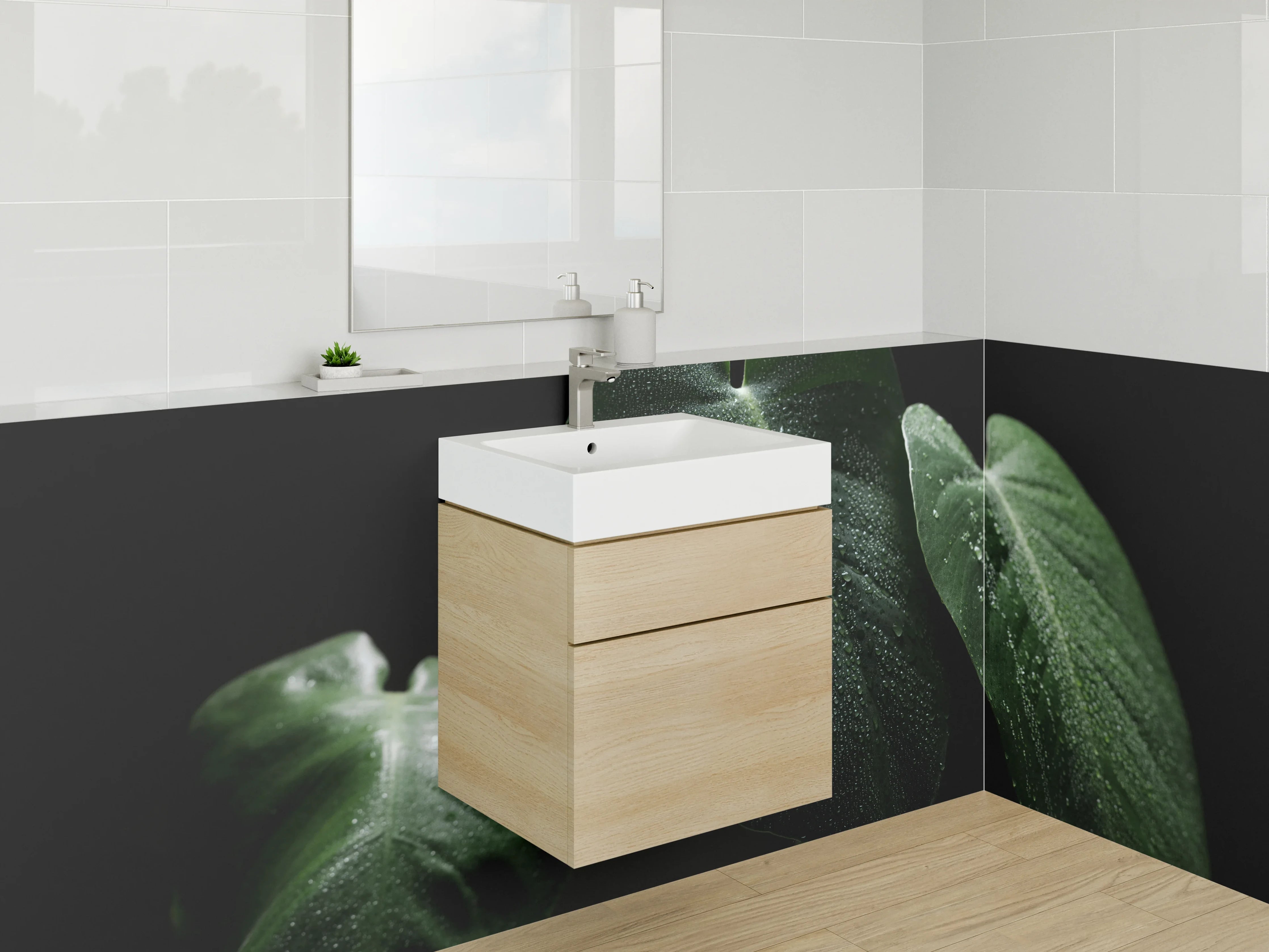 Waschbecken-Rückwand - Frische grüne Blätter mit Tautropfen