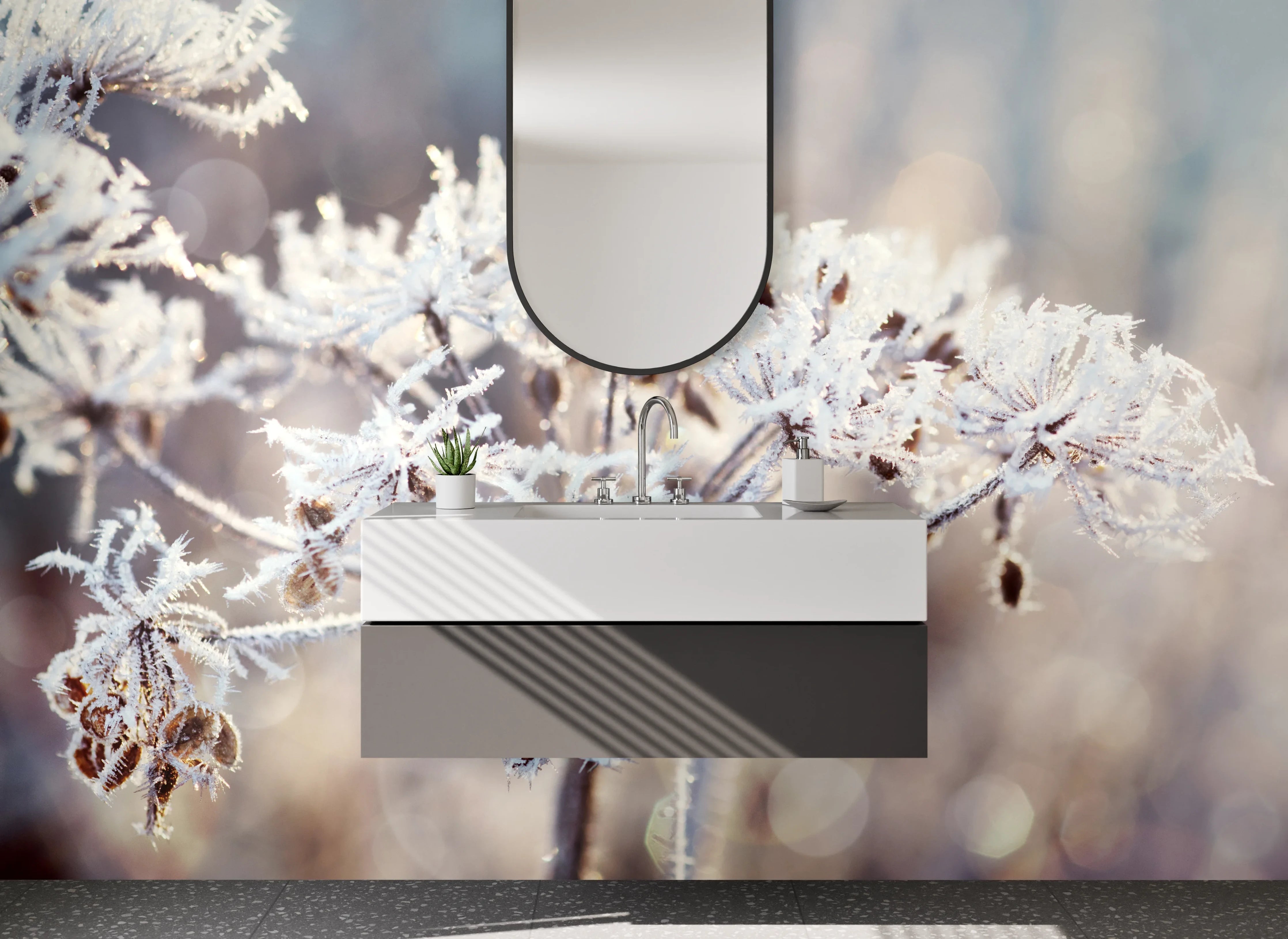 Waschbecken-Rückwand - Frostige Winterpflanzen in Weiß und Grau
