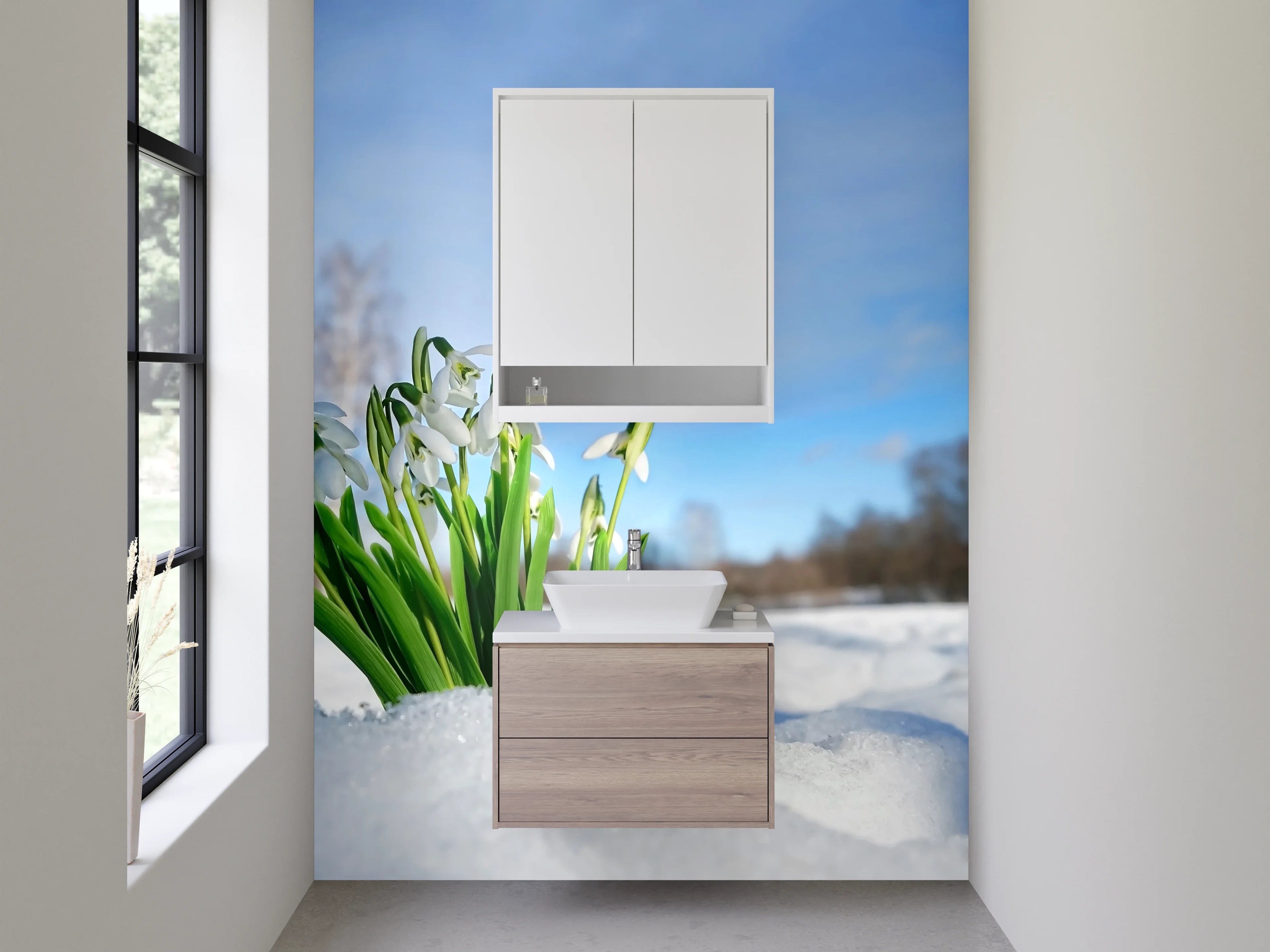 Waschbecken-Rückwand - Frühblüher im Schnee – Naturmotiv