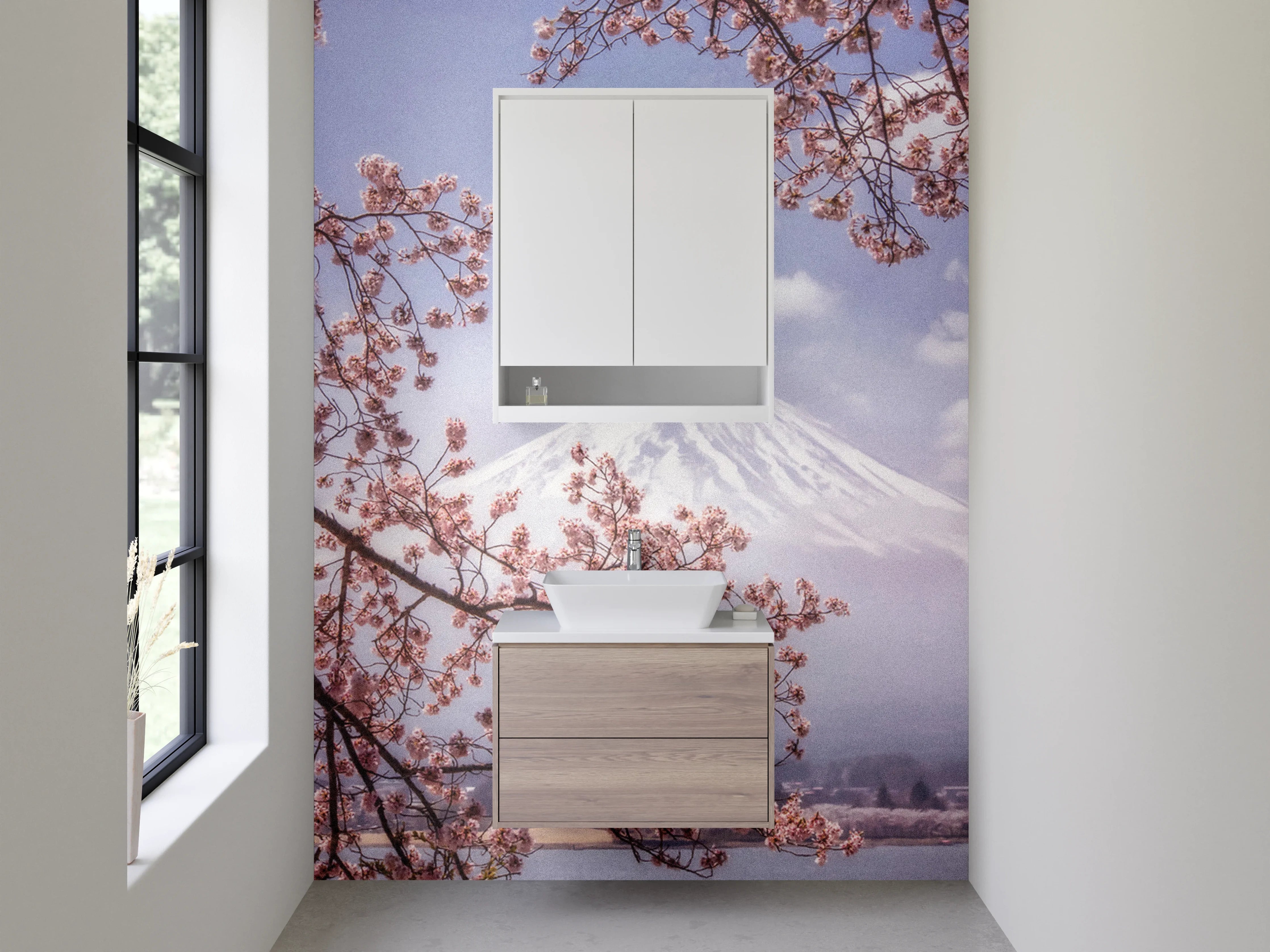 Waschbecken-Rückwand - Frühlingserwachen mit Mount Fuji und Kirschblüten