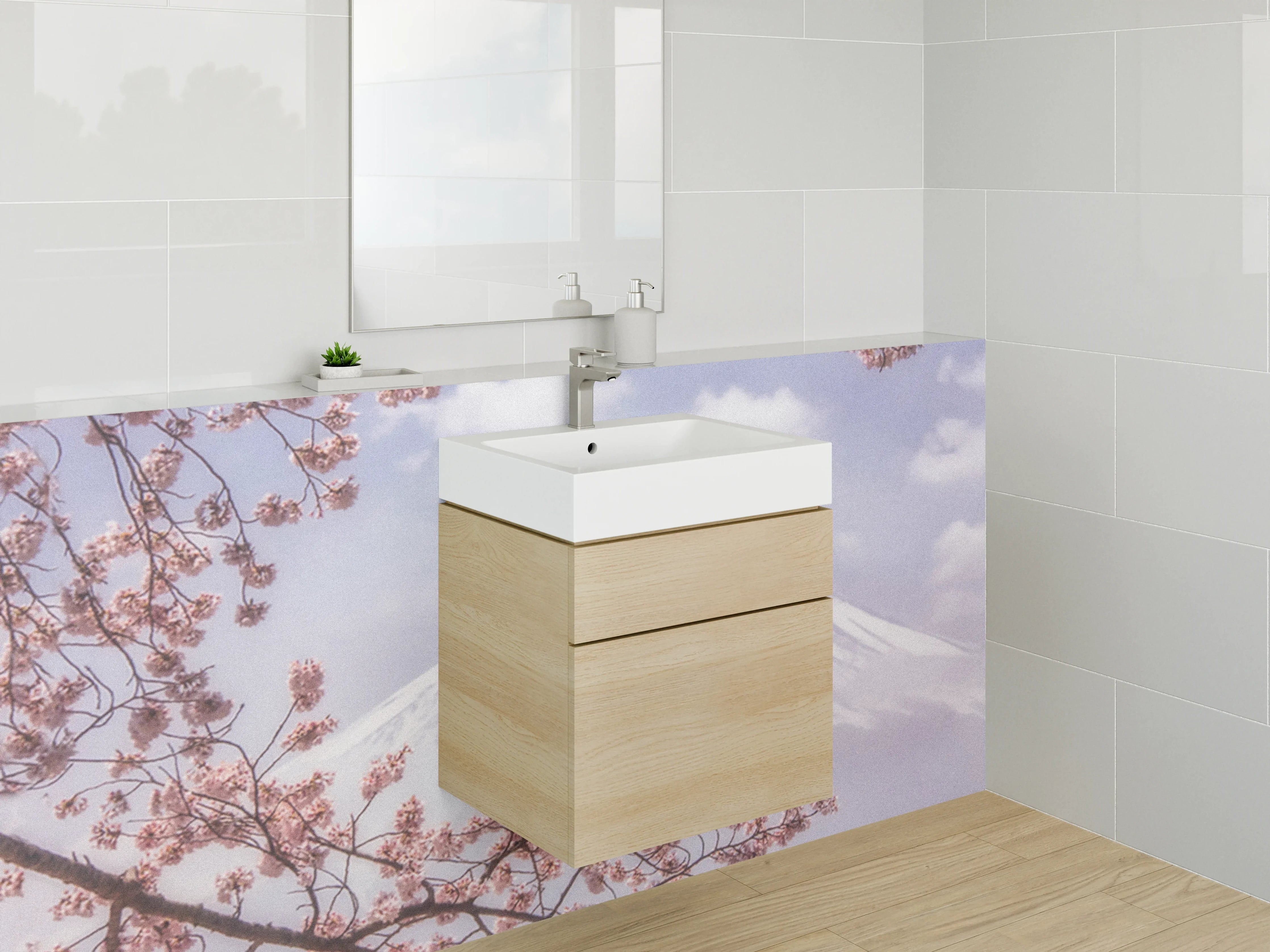 Waschbecken-Rückwand - Frühlingserwachen mit Mount Fuji und Kirschblüten