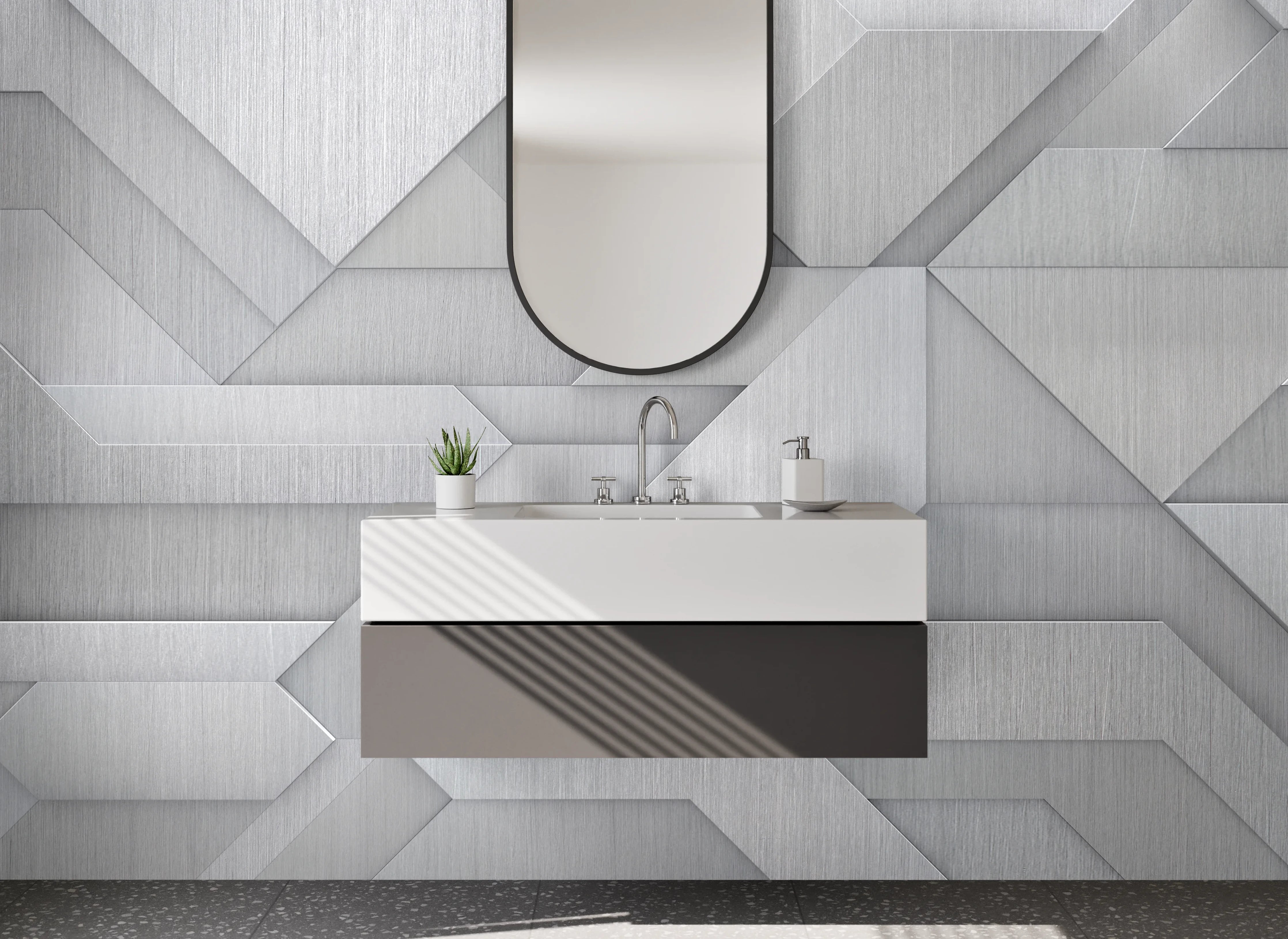 Waschbecken-Rückwand - Gebürstete Metalloptik Geometrie Modern
