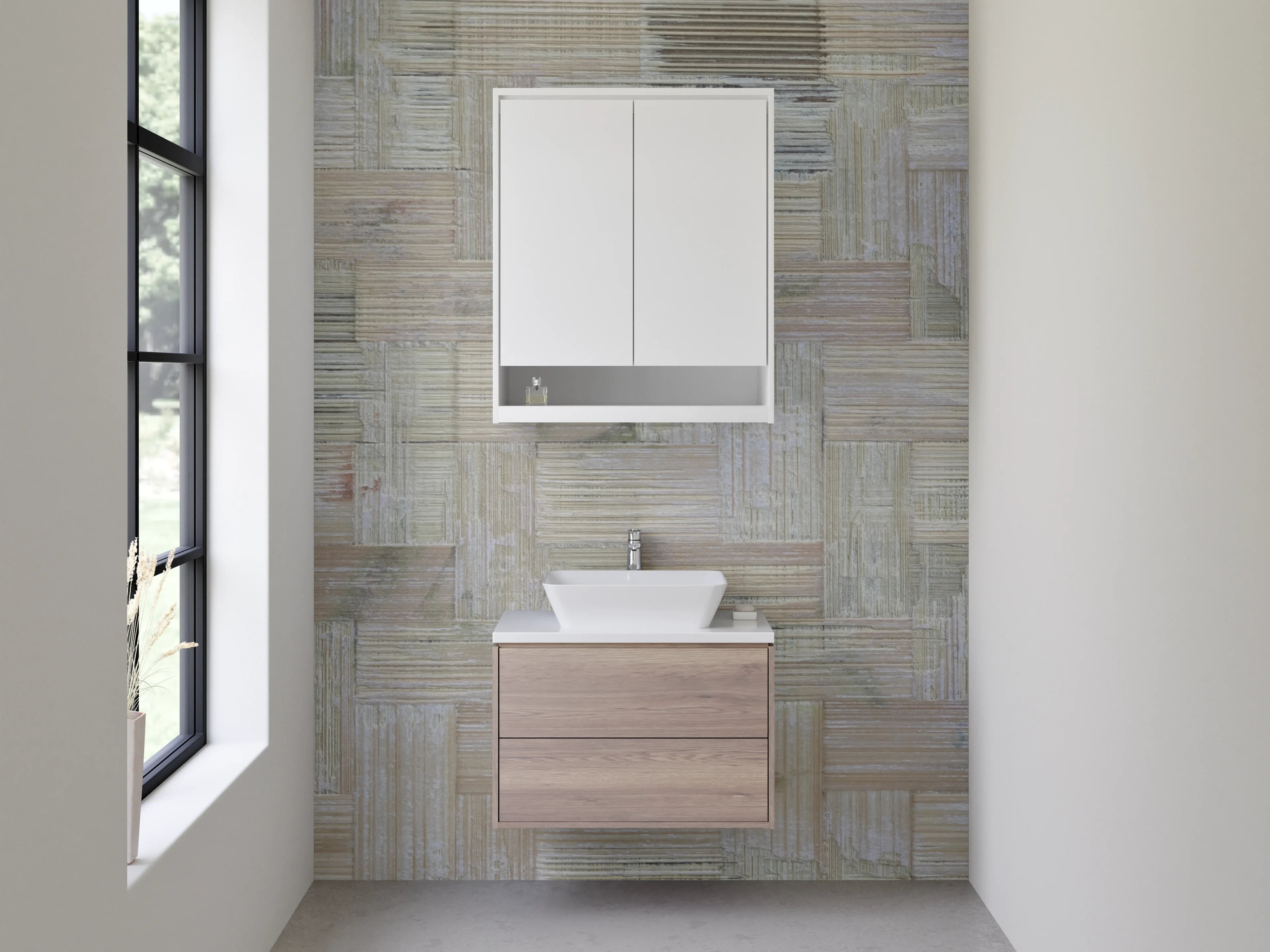 Waschbecken-Rückwand - Geflochtenes Holzfliesen-Muster Beige Grau