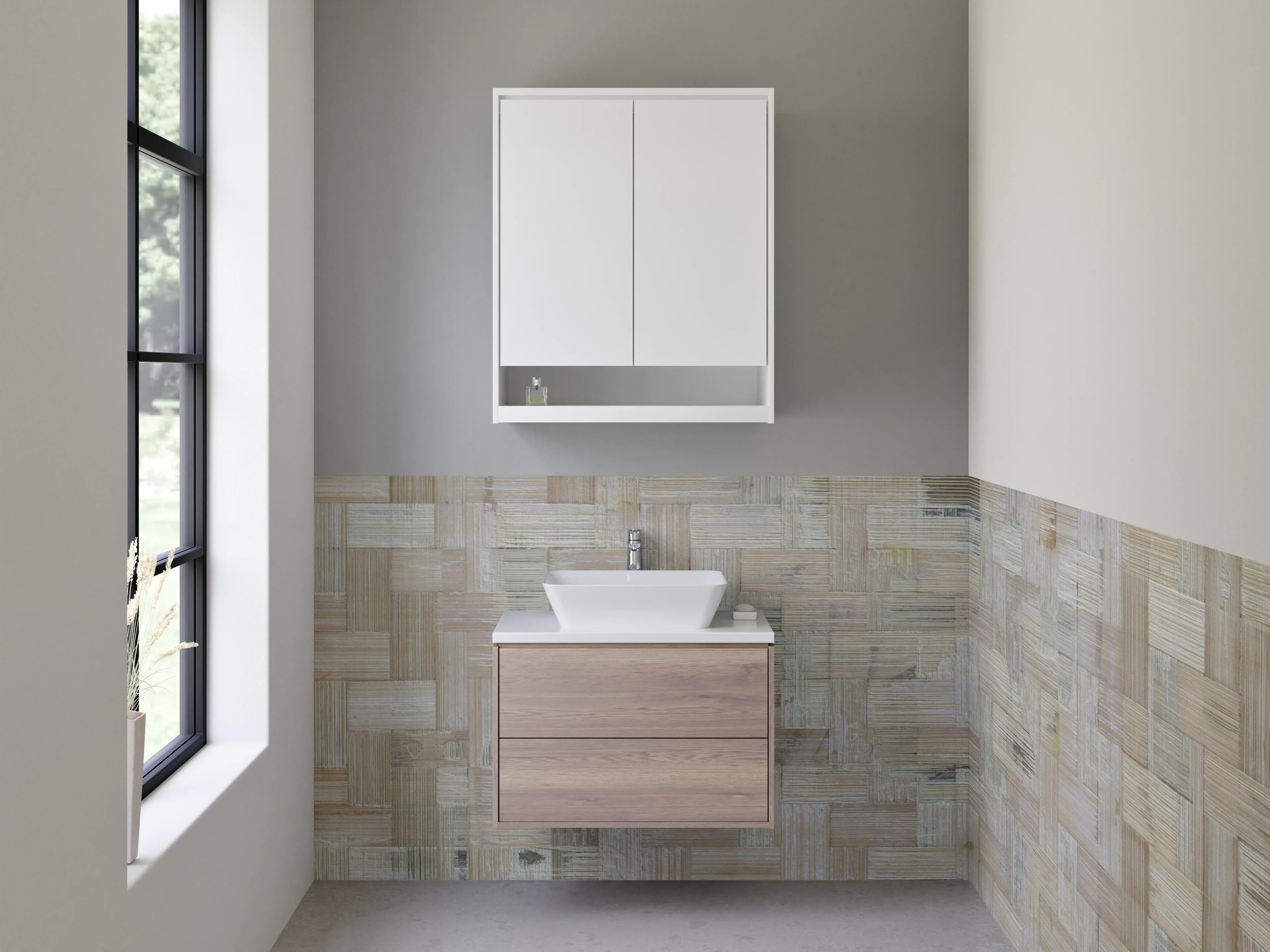 Waschbecken-Rückwand - Geflochtenes Holzfliesen-Muster Beige Grau