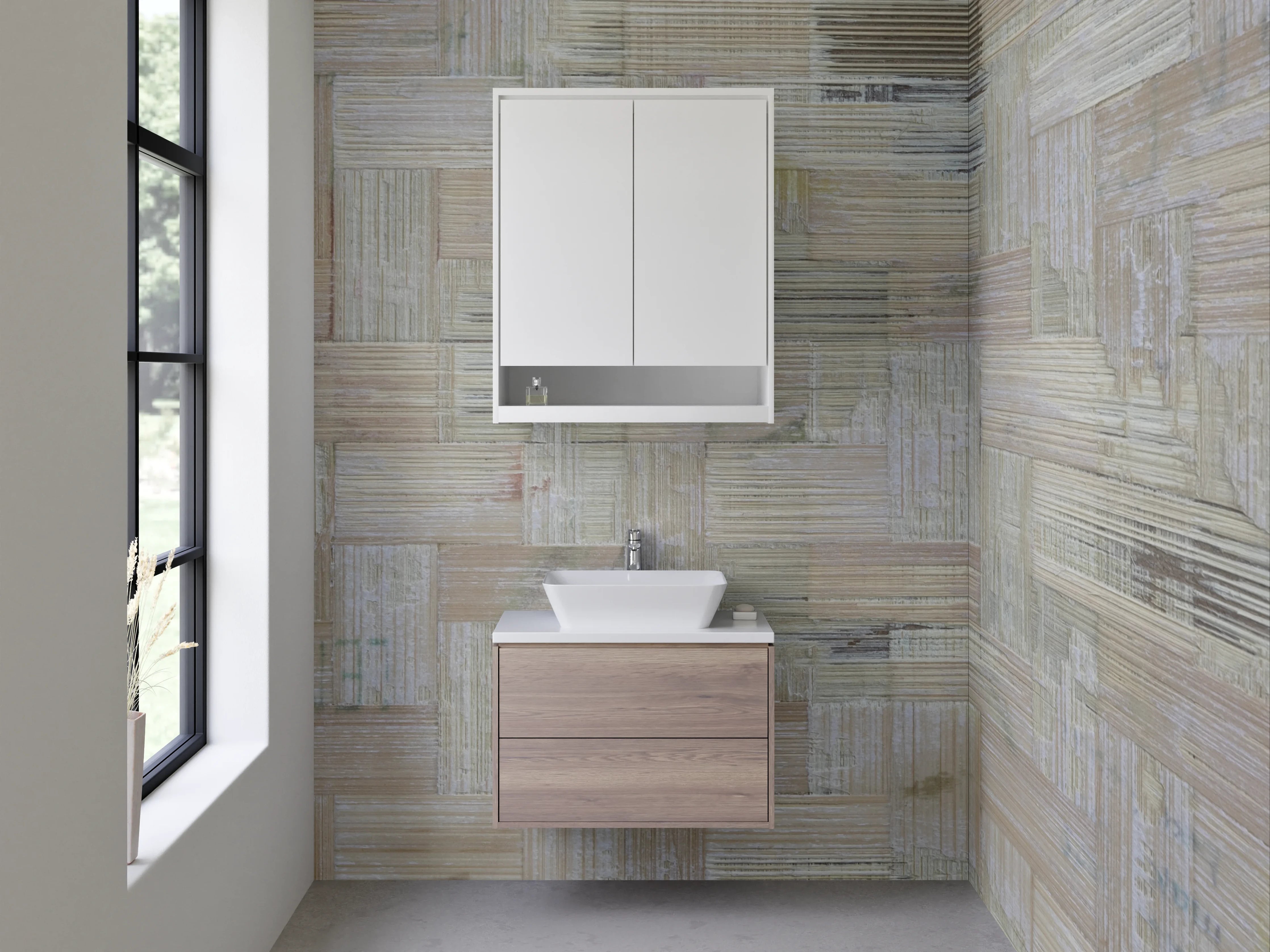 Waschbecken-Rückwand - Geflochtenes Holzfliesen-Muster Beige Grau