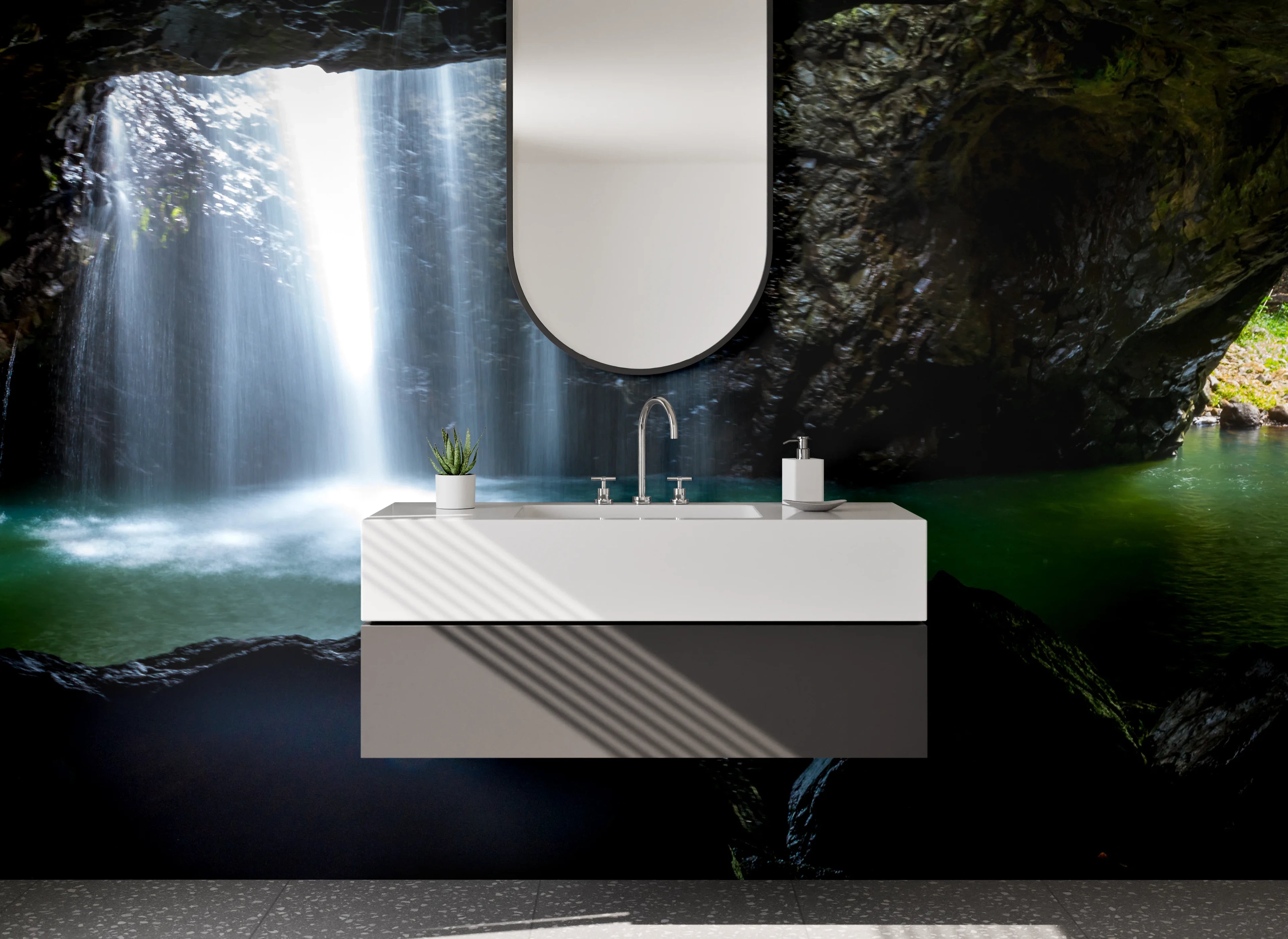 Waschbecken-Rückwand - Geheimnisvoller Wasserfall im Dschungel