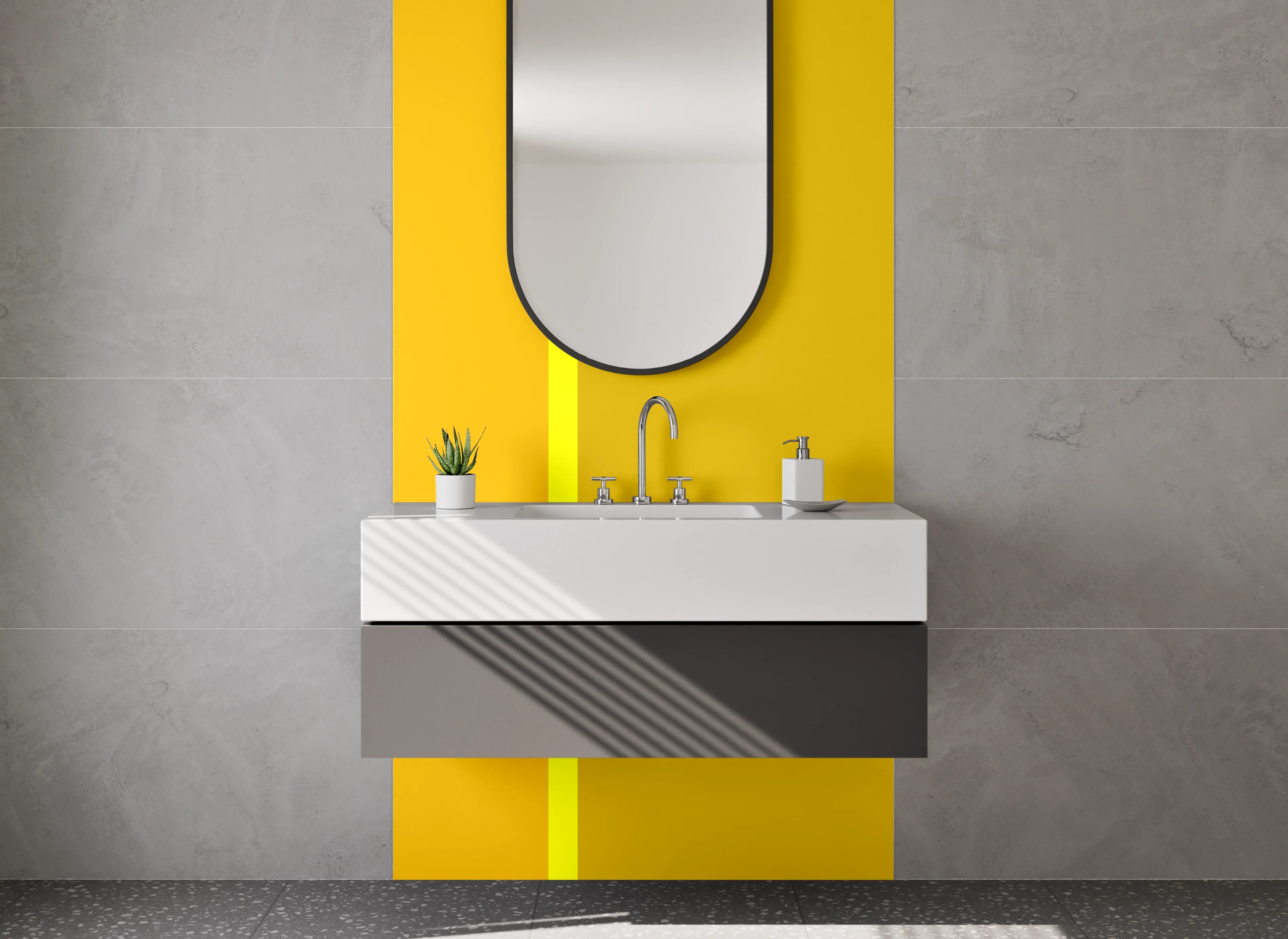 Waschbecken-Rückwand - Gelb und Grau Streifenmuster