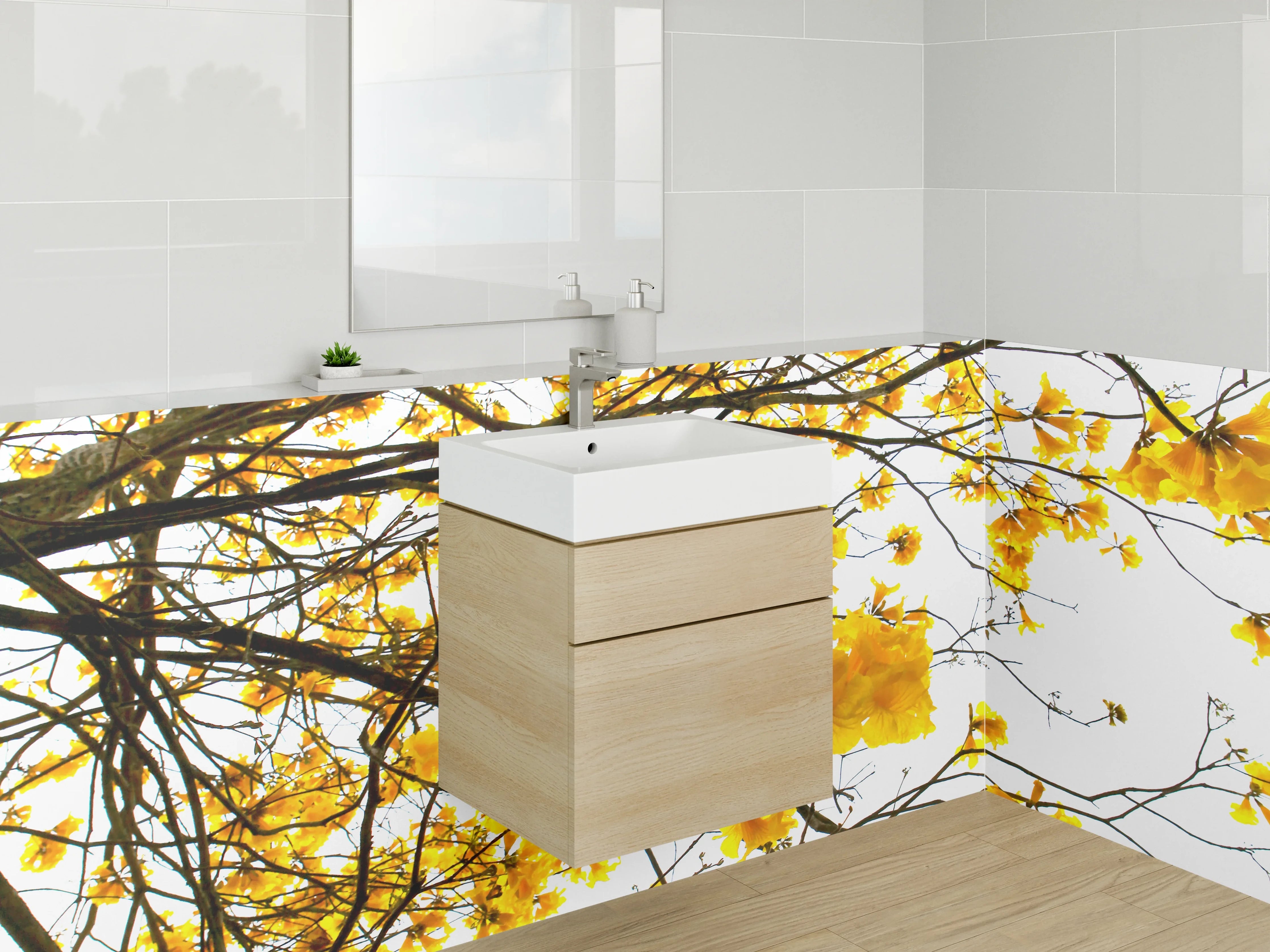 Waschbecken-Rückwand - Gelbe Blüten am Frühlingshimmel