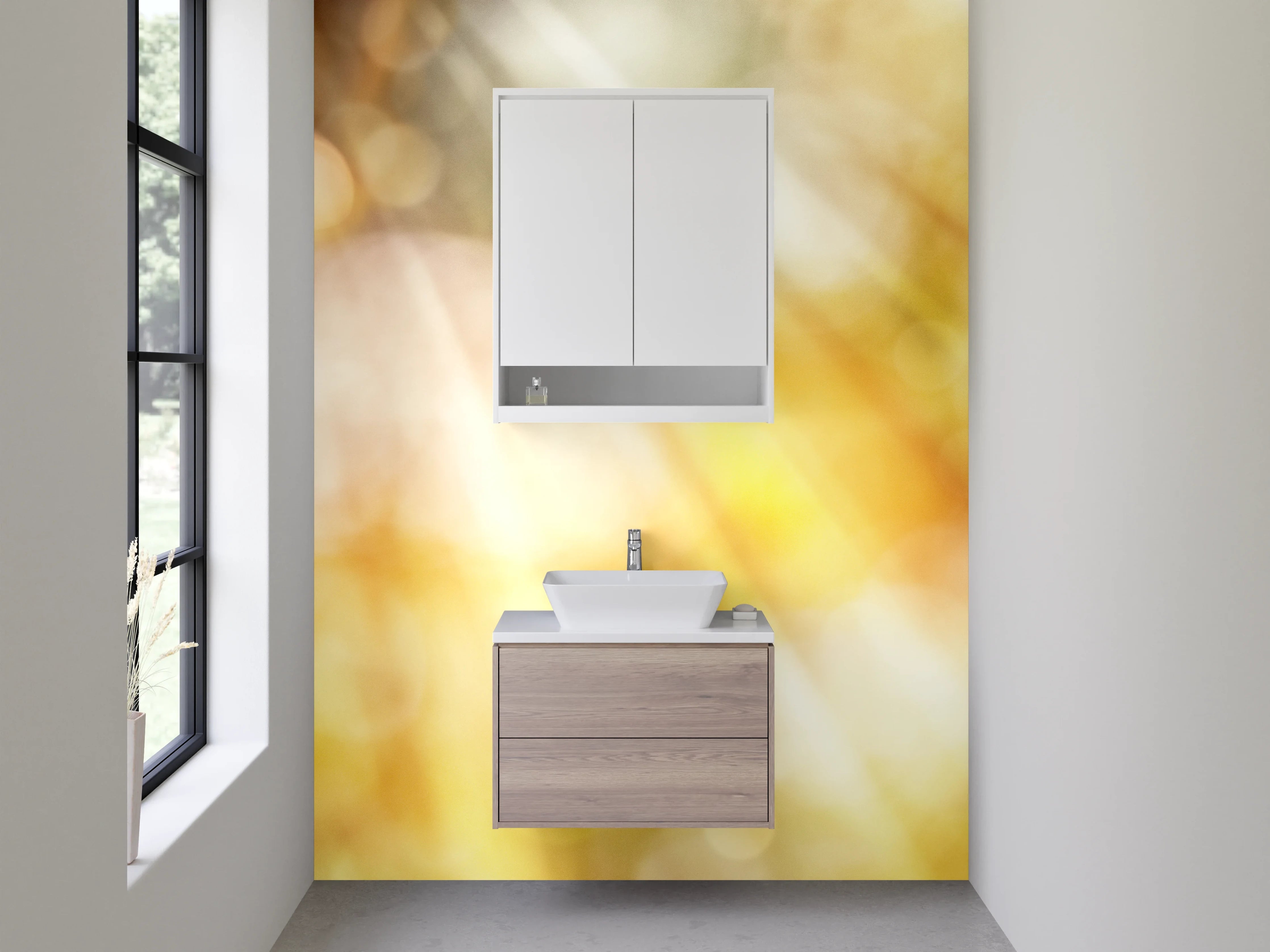 Waschbecken-Rückwand - Gelbe Dahlienblüte mit Biene im Sonnenlicht