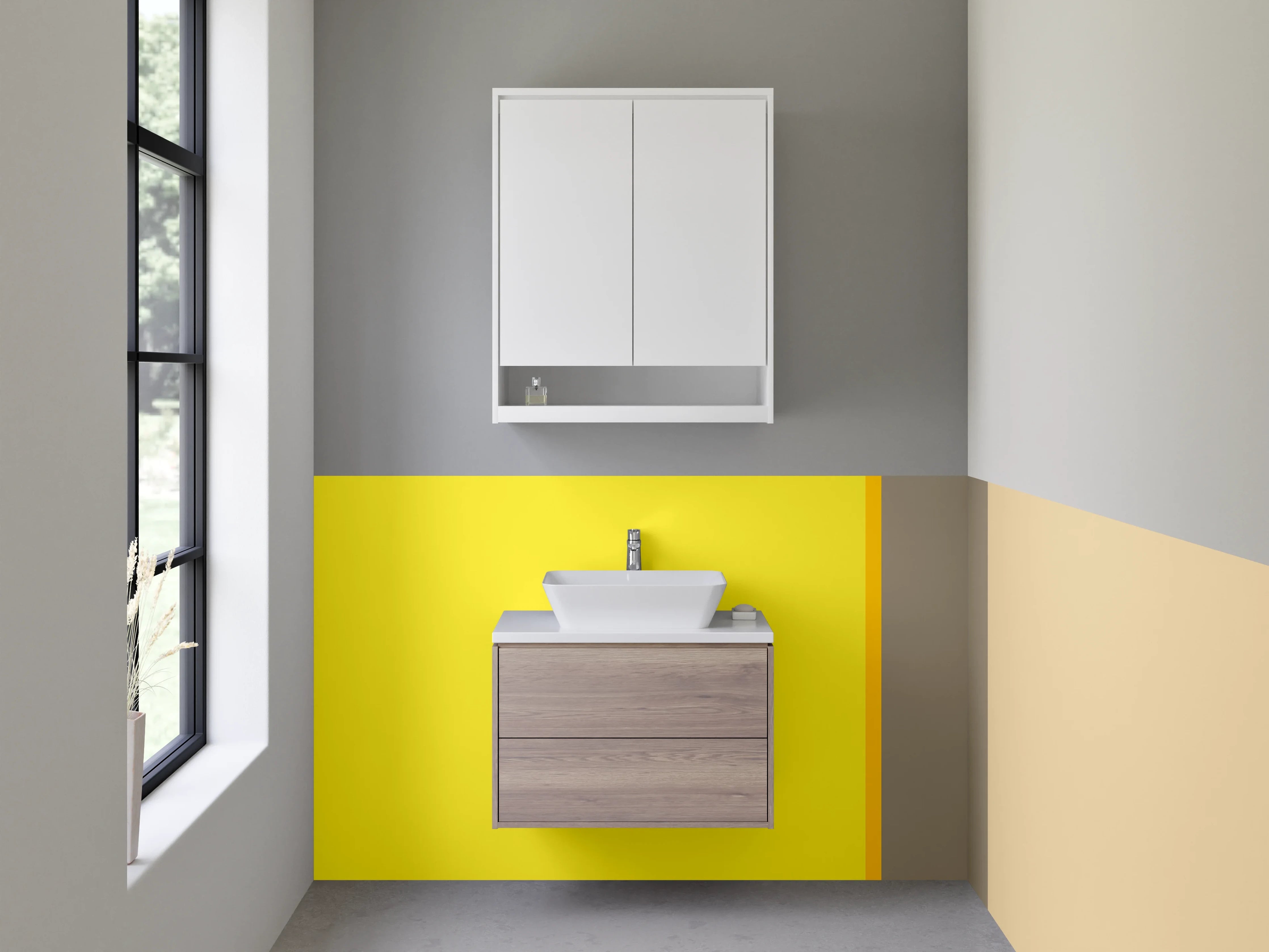 Waschbecken-Rückwand - Gelbe Wand mit Grau- braunen Akzenten