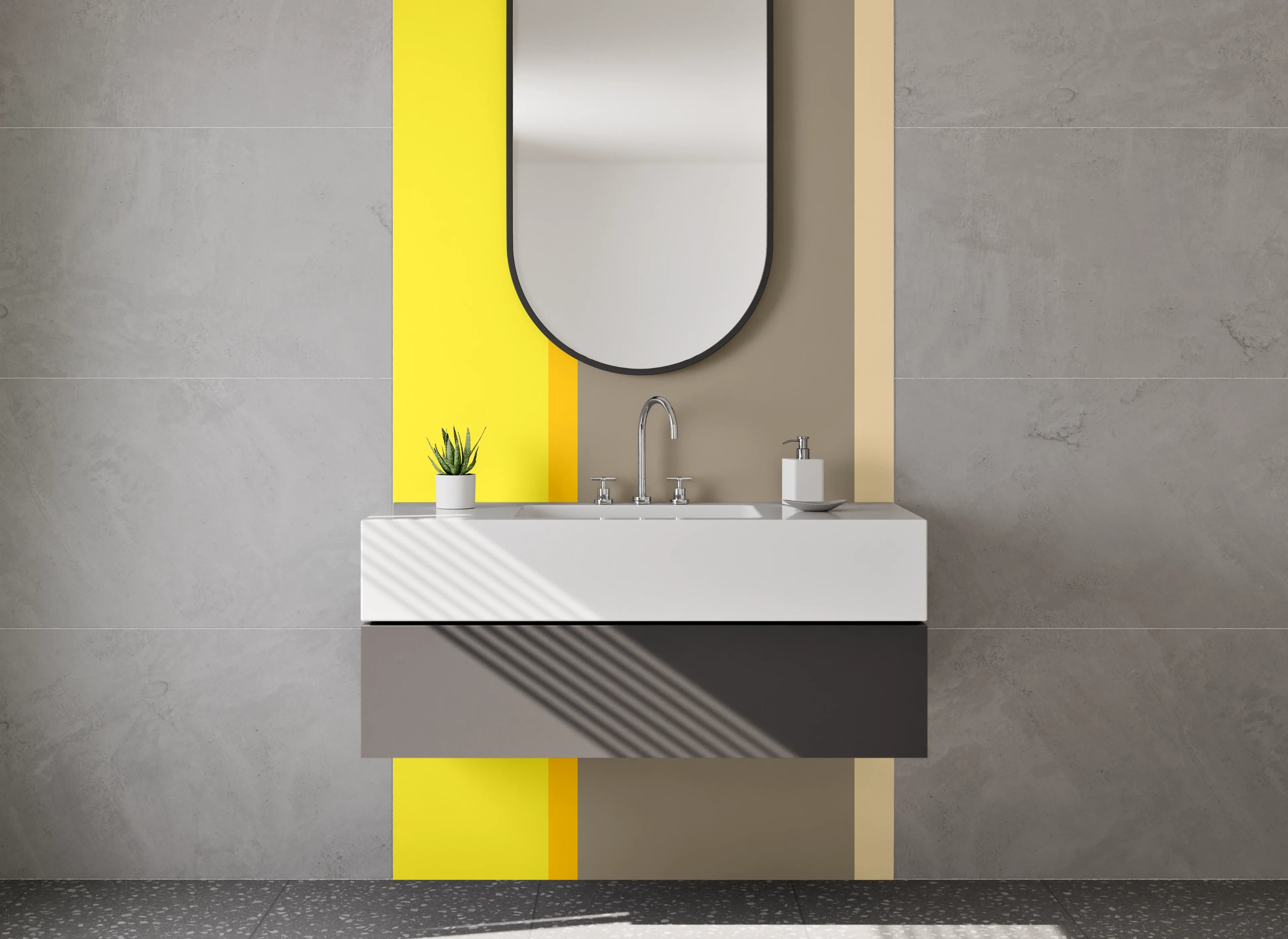 Waschbecken-Rückwand - Gelbe Wand mit Grau- braunen Akzenten