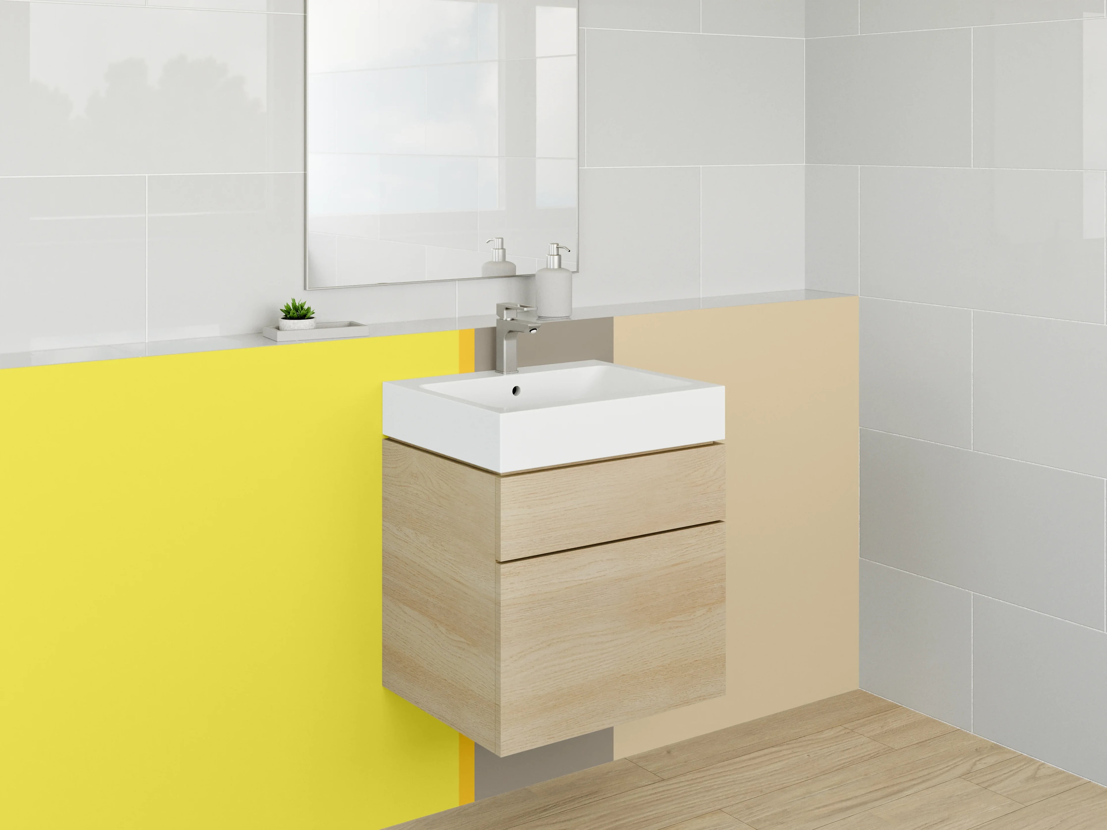 Waschbecken-Rückwand - Gelbe Wand mit Grau- braunen Akzenten