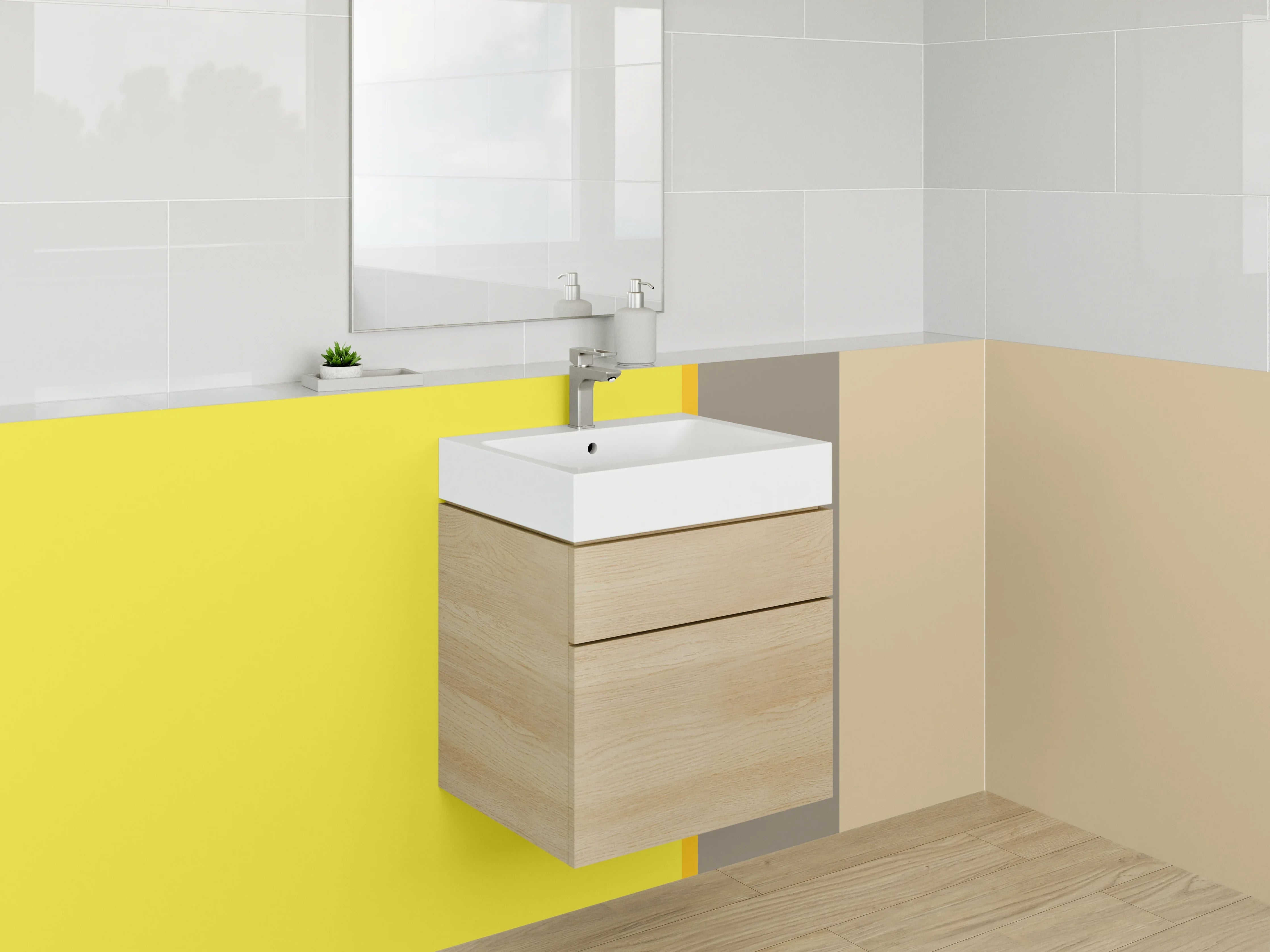 Waschbecken-Rückwand - Gelbe Wand mit Grau- braunen Akzenten