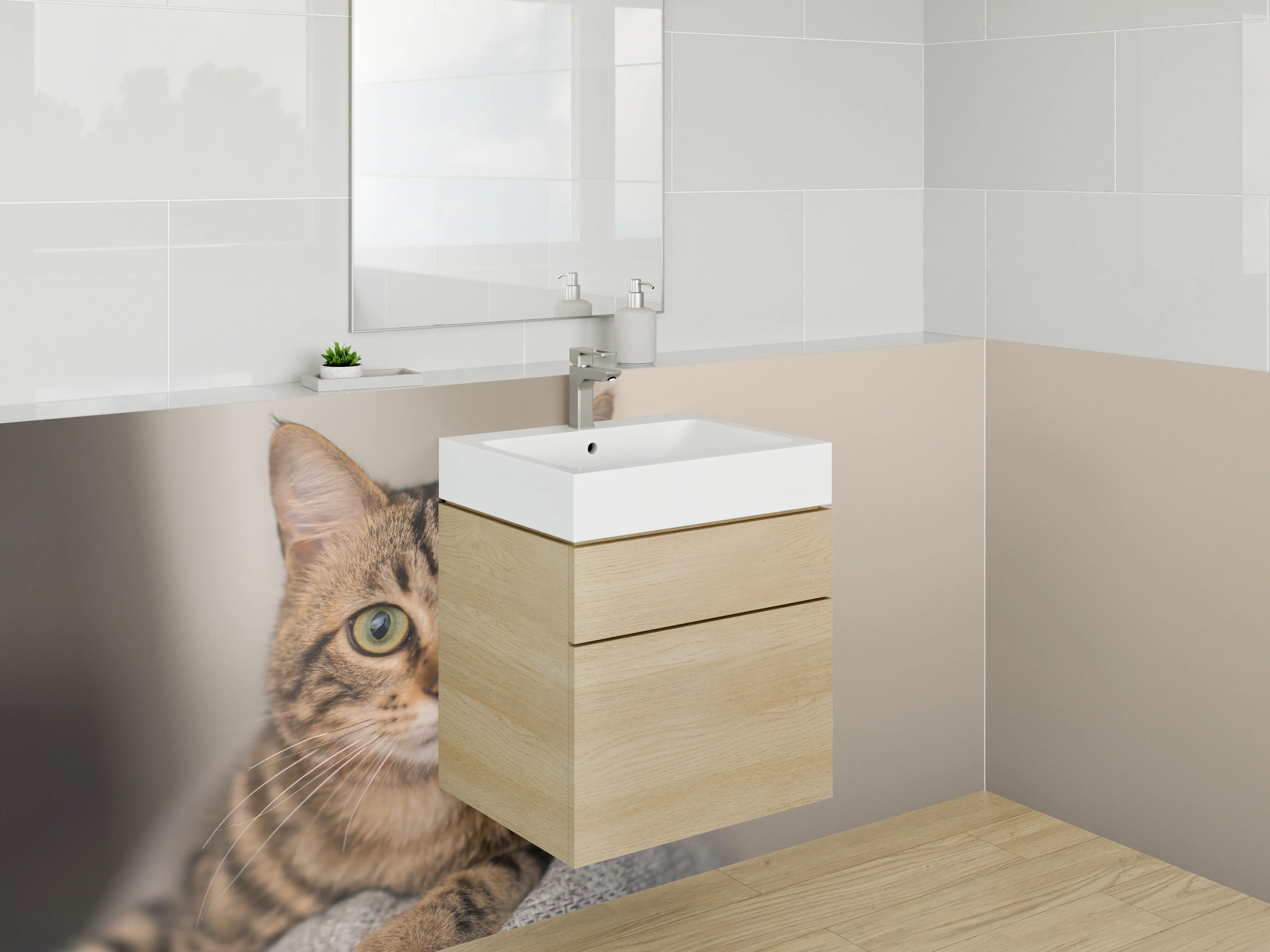 Waschbecken-Rückwand - Gemütliche Katze vor neutralem Hintergrund