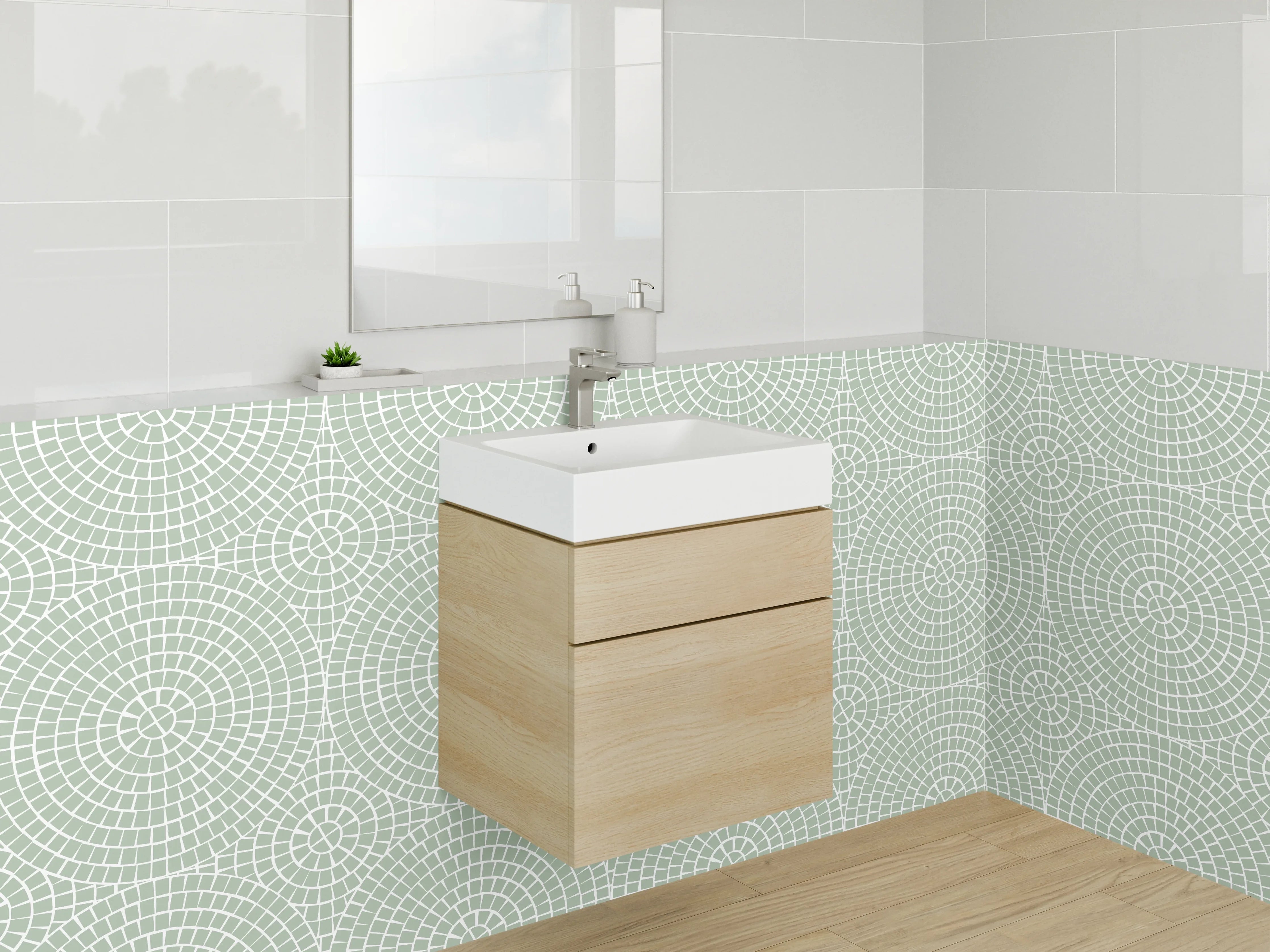 Waschbecken-Rückwand - Geometrisch gemusterte Fliesen in Hellgrün