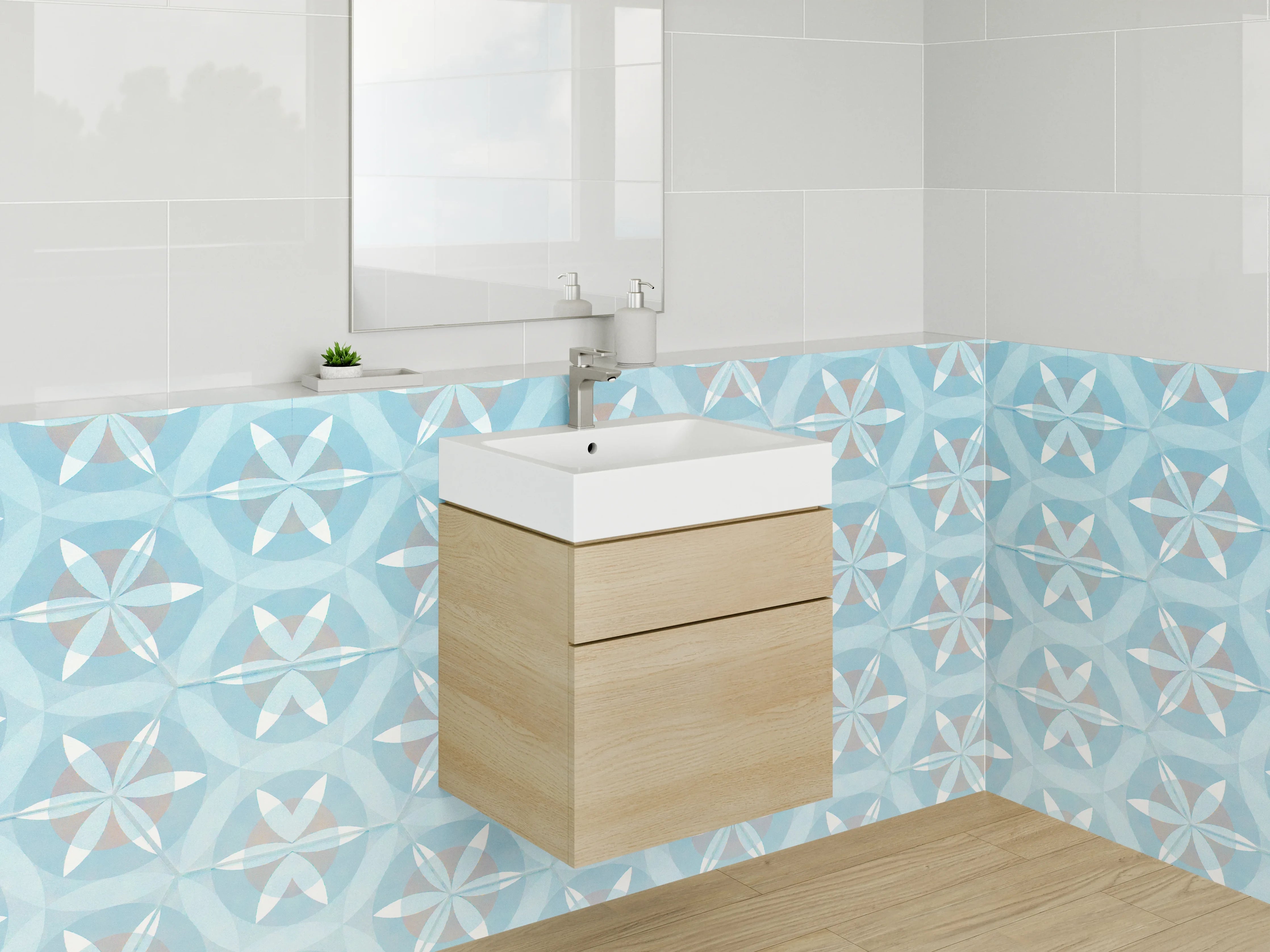Waschbecken-Rückwand - Geometrische Fliesenmuster in Blau und Weiß