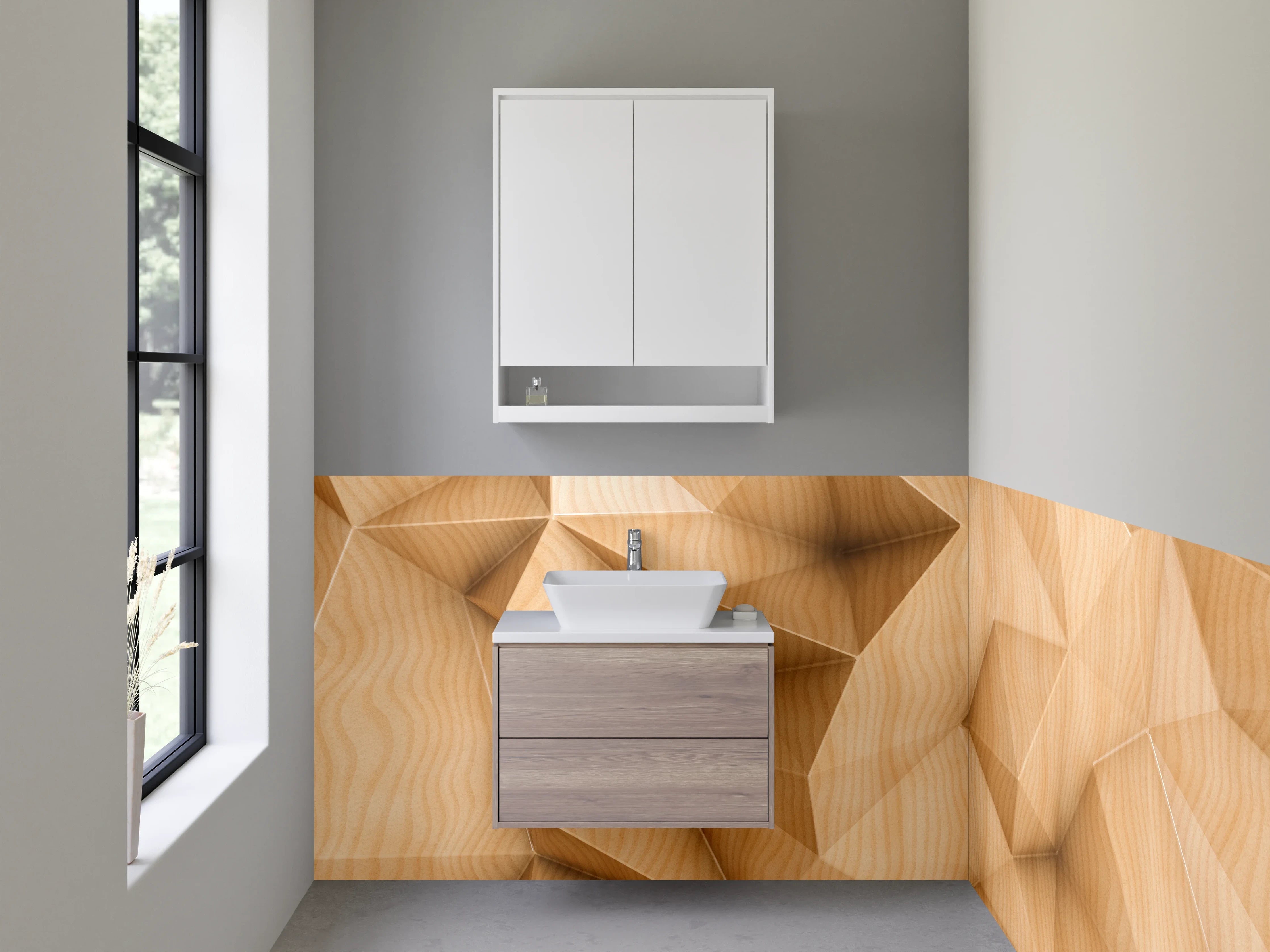 Waschbecken-Rückwand - Geometrische Holzoptik 3D Wandmotiv