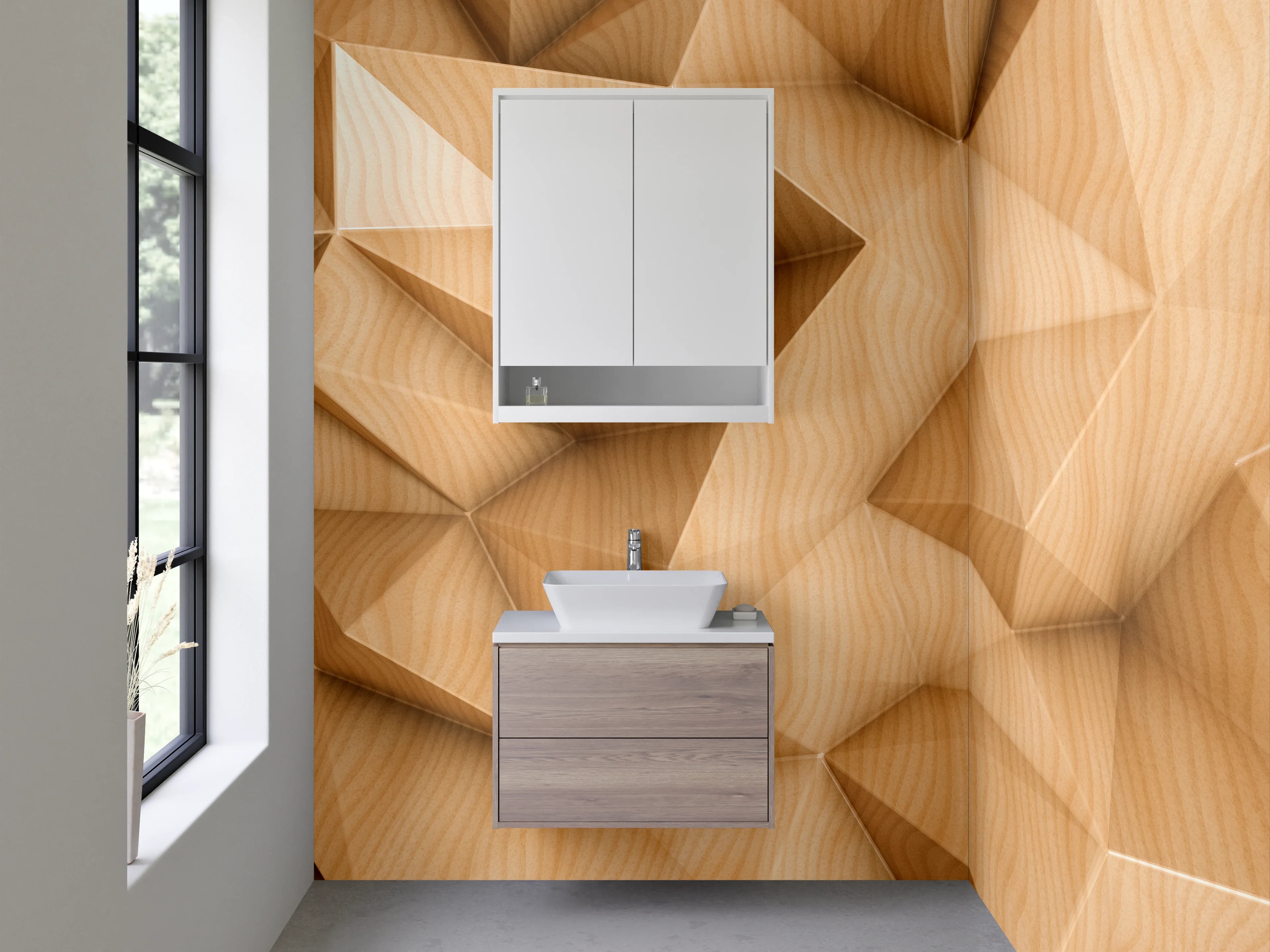 Waschbecken-Rückwand - Geometrische Holzoptik 3D Wandmotiv