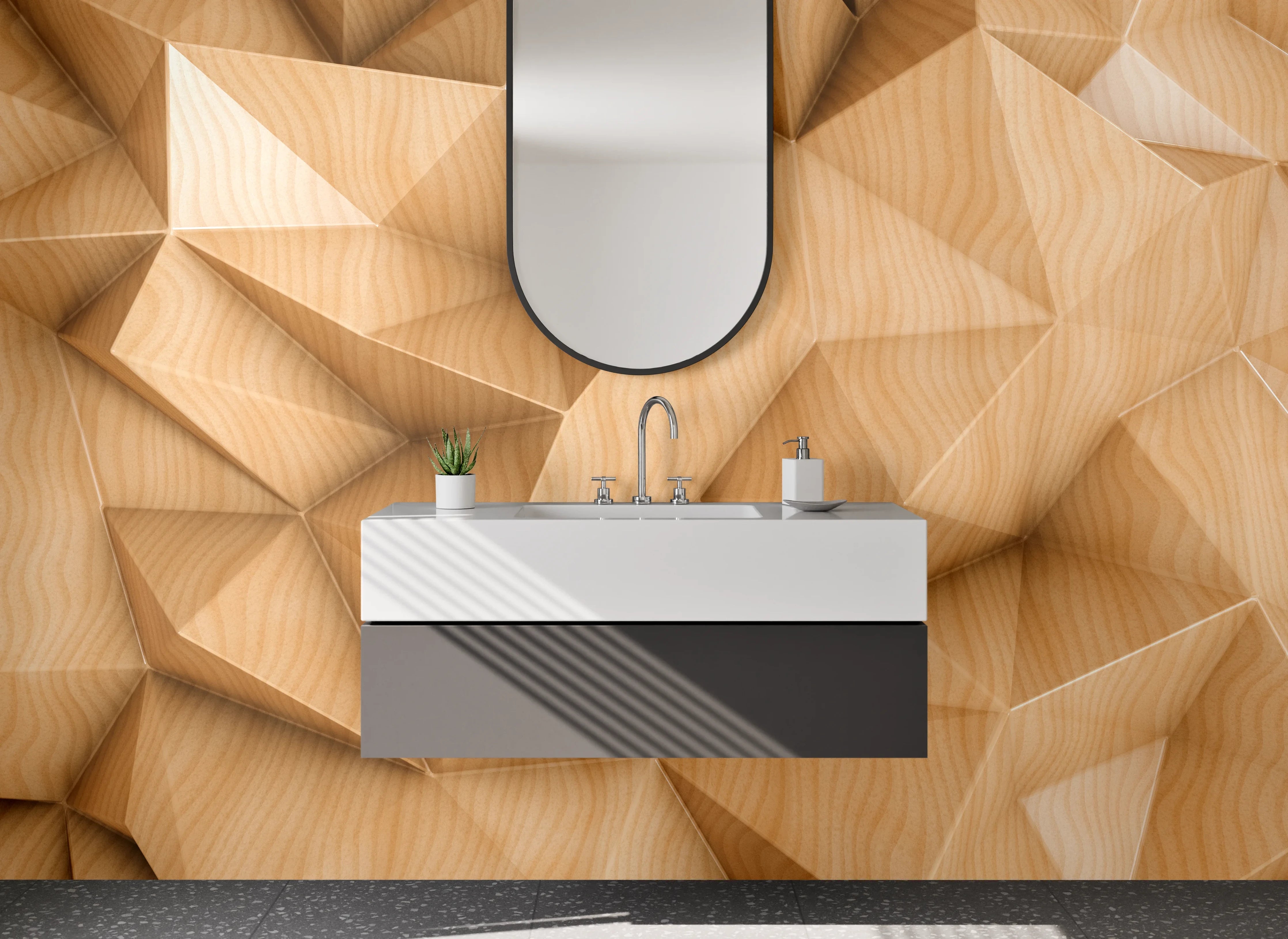 Waschbecken-Rückwand - Geometrische Holzoptik 3D Wandmotiv