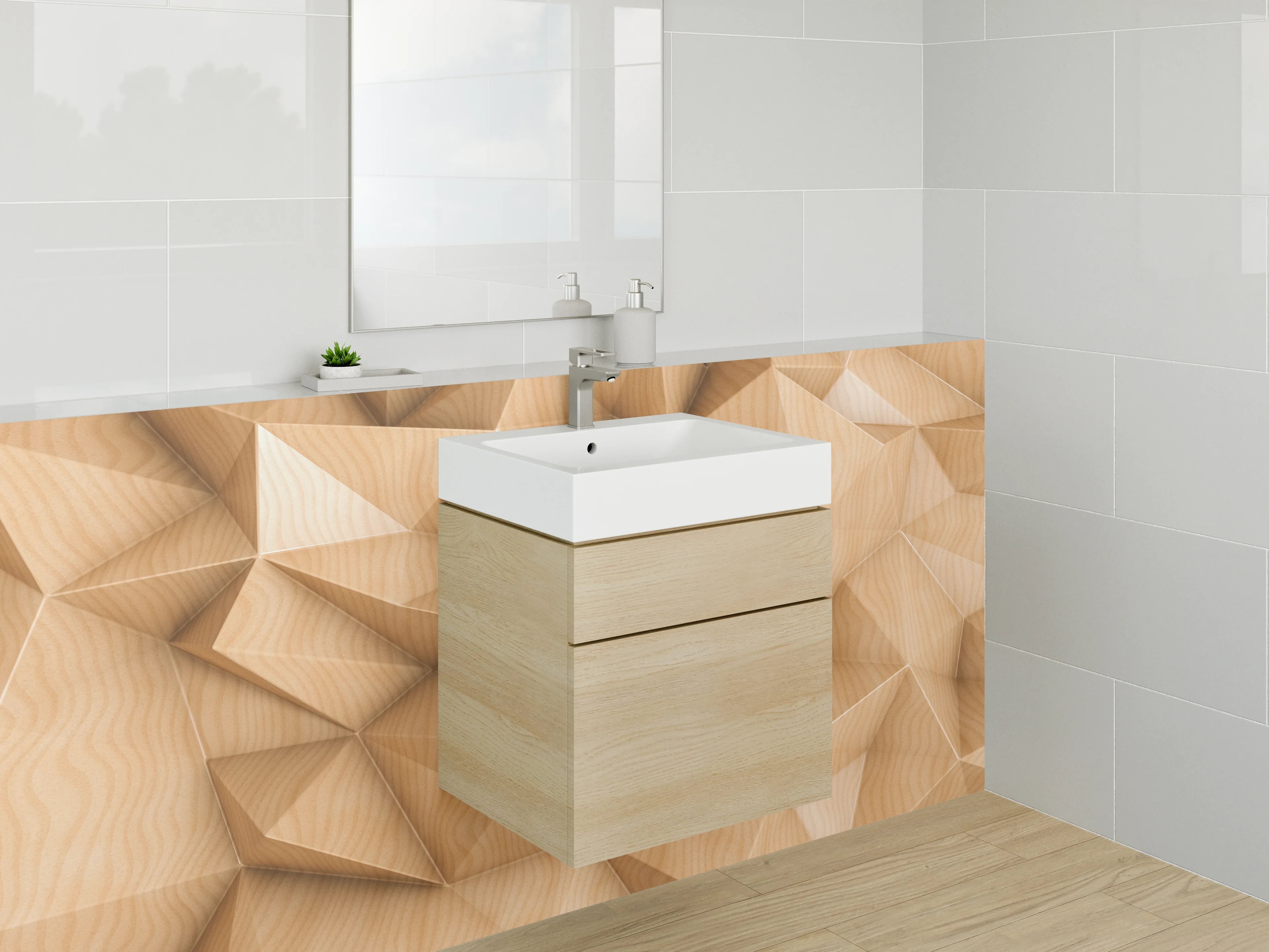 Waschbecken-Rückwand - Geometrische Holzoptik 3D Wandmotiv
