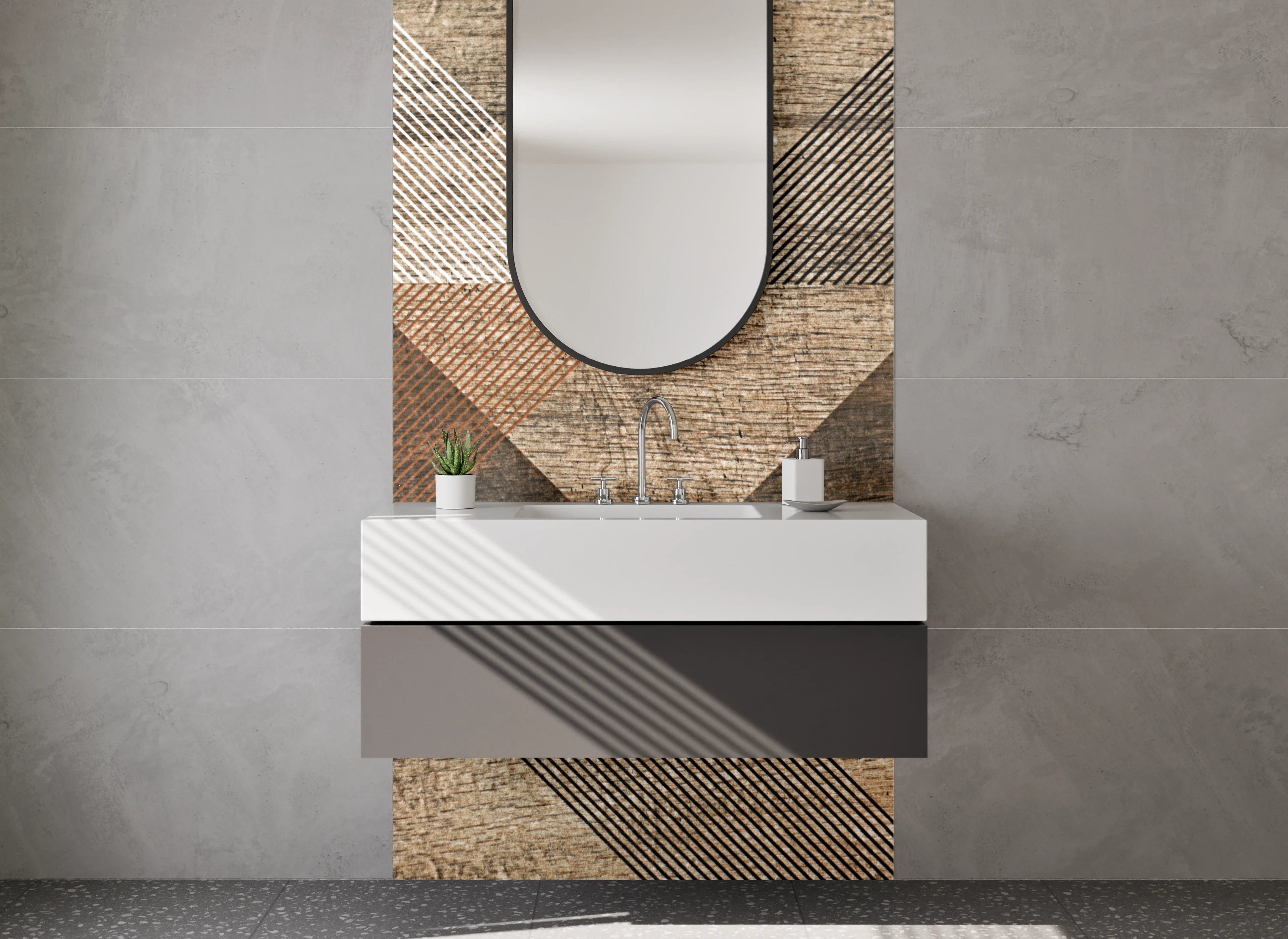 Waschbecken-Rückwand - Geometrische Holzoptik Vintage Musterfliesen
