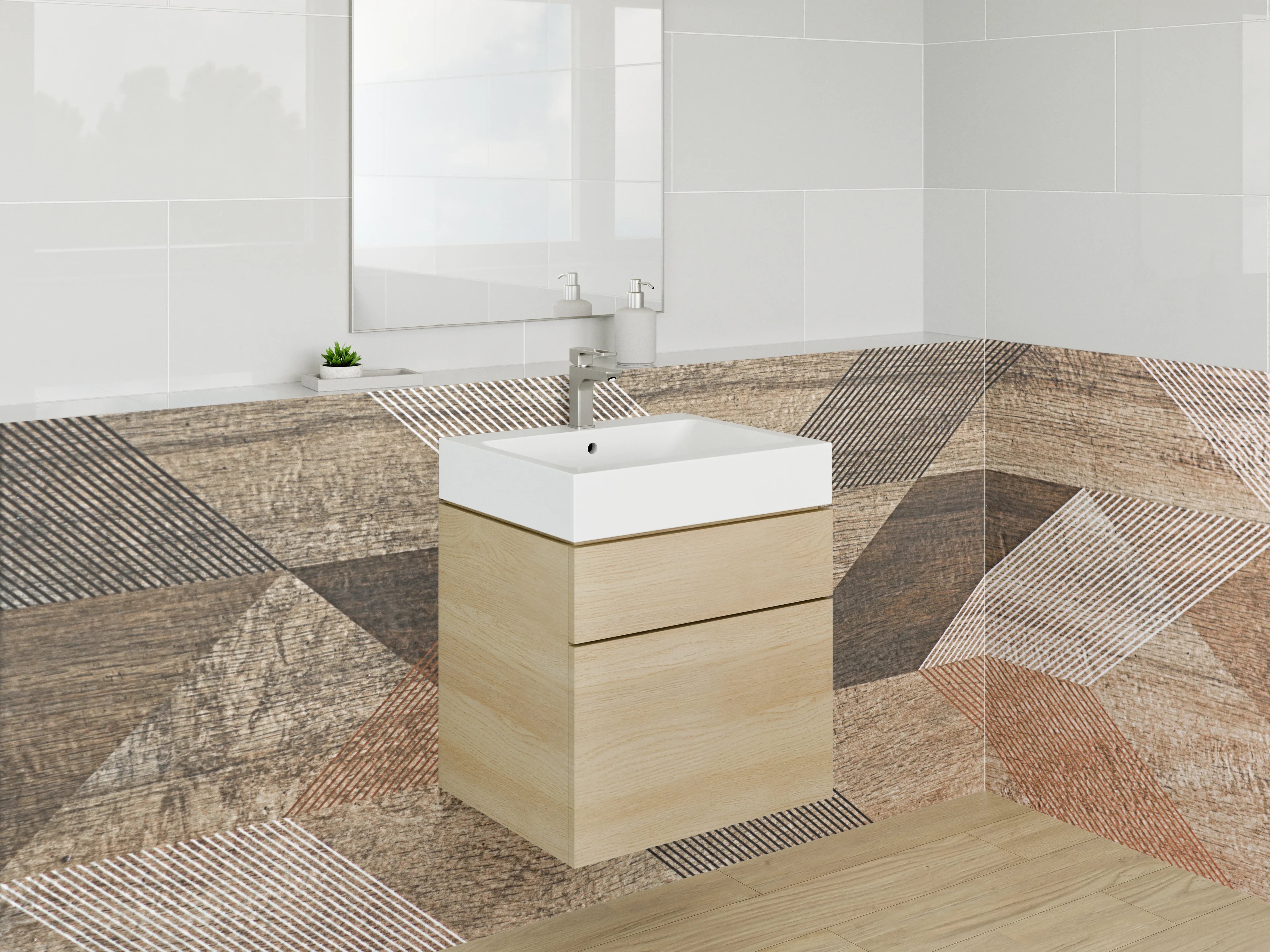 Waschbecken-Rückwand - Geometrische Holzoptik Vintage Musterfliesen